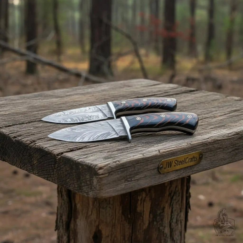 Feather Damascus Hunting Knife Set Fixed Blade
