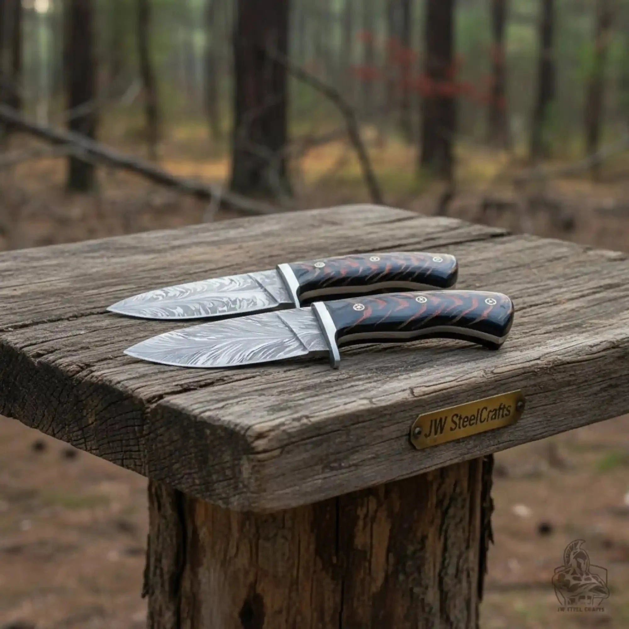 Feather Damascus Hunting Knife Set Fixed Blade
