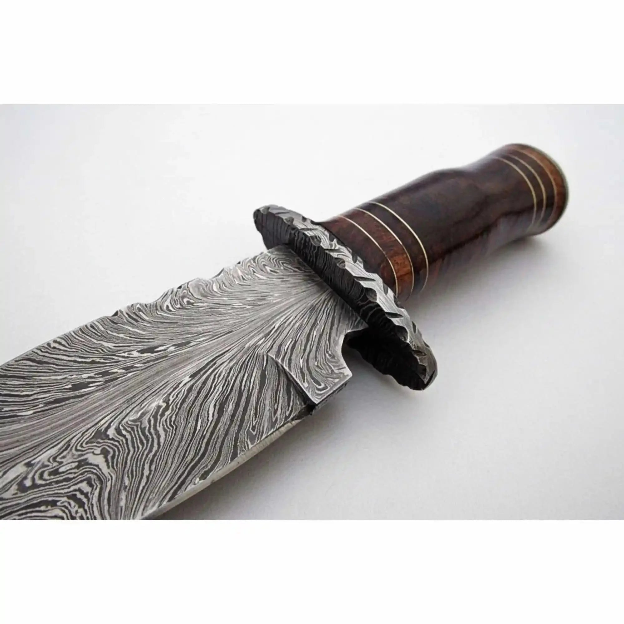 13 inch Hand Forged Damascus Steel Bowie Knife with Wood Handle and Leather Sheath