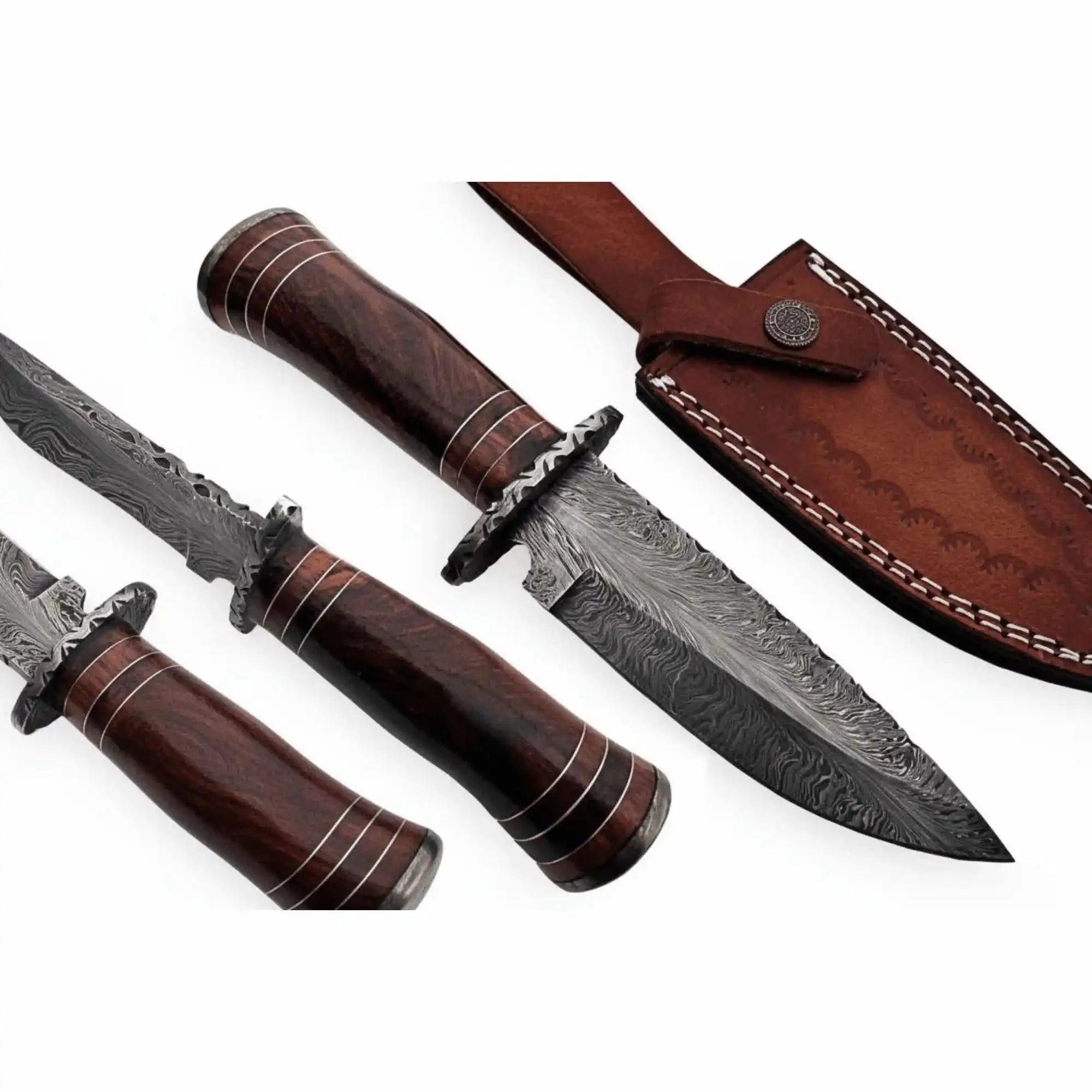 13 inch Hand Forged Damascus Steel Bowie Knife with Wood Handle and Leather Sheath