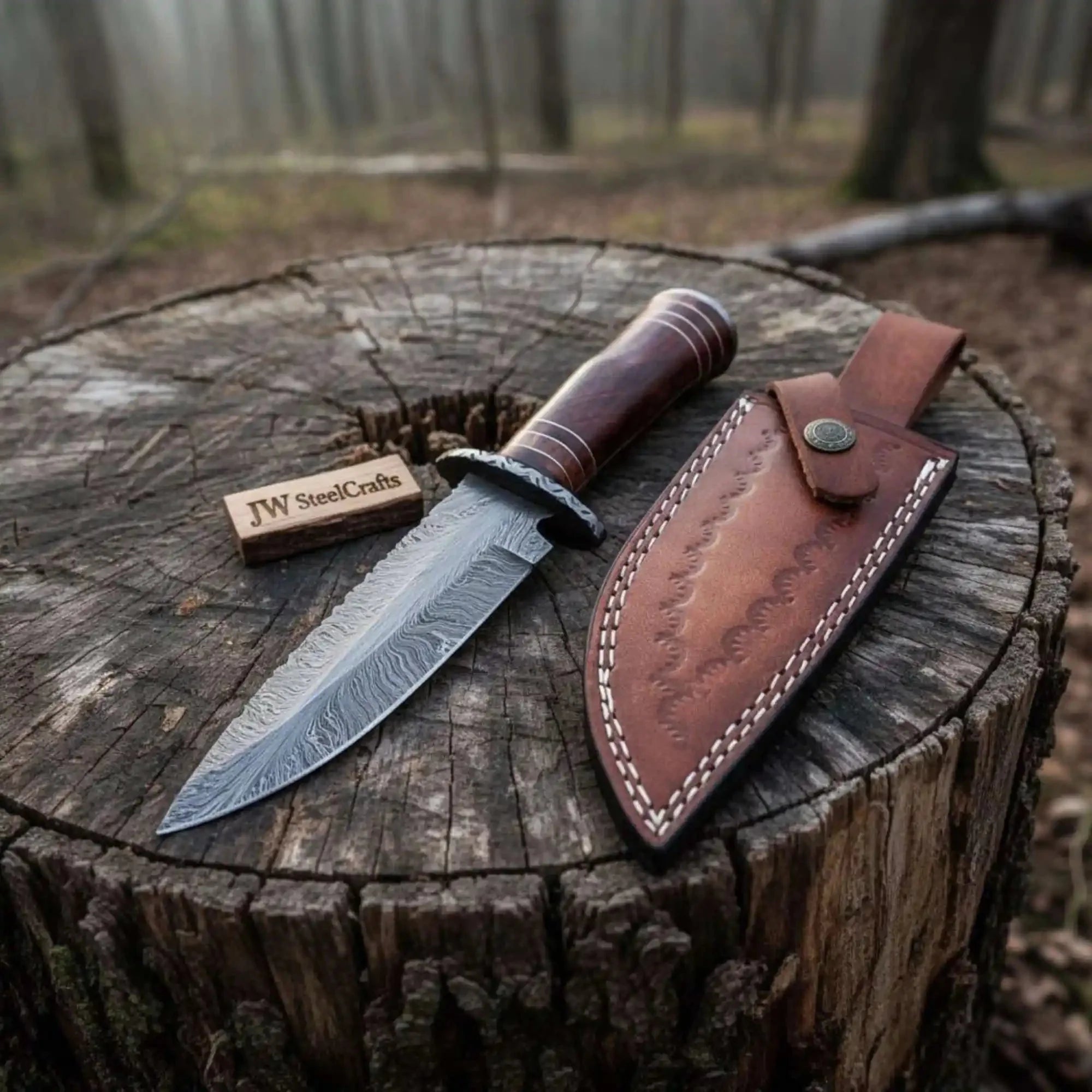 13 inch Hand Forged Damascus Steel Bowie Knife with Wood Handle and Leather Sheath
