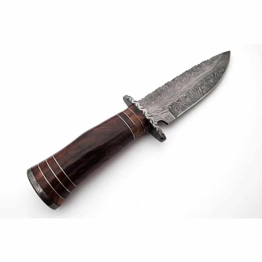 13 inch Hand Forged Damascus Steel Bowie Knife with Wood Handle and Leather Sheath