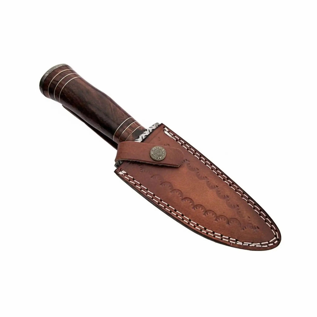 13 inch Hand Forged Damascus Steel Bowie Knife with Wood Handle and Leather Sheath