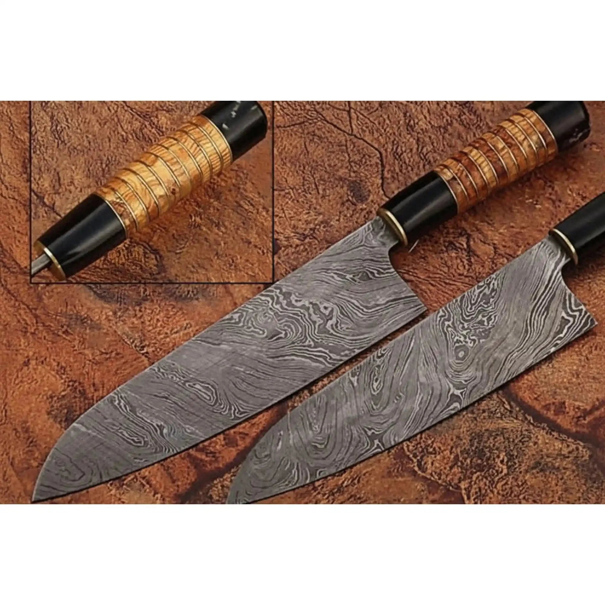 Forged Damascus Santoku Knife – Olive Wood Olive Handle, Handcrafted