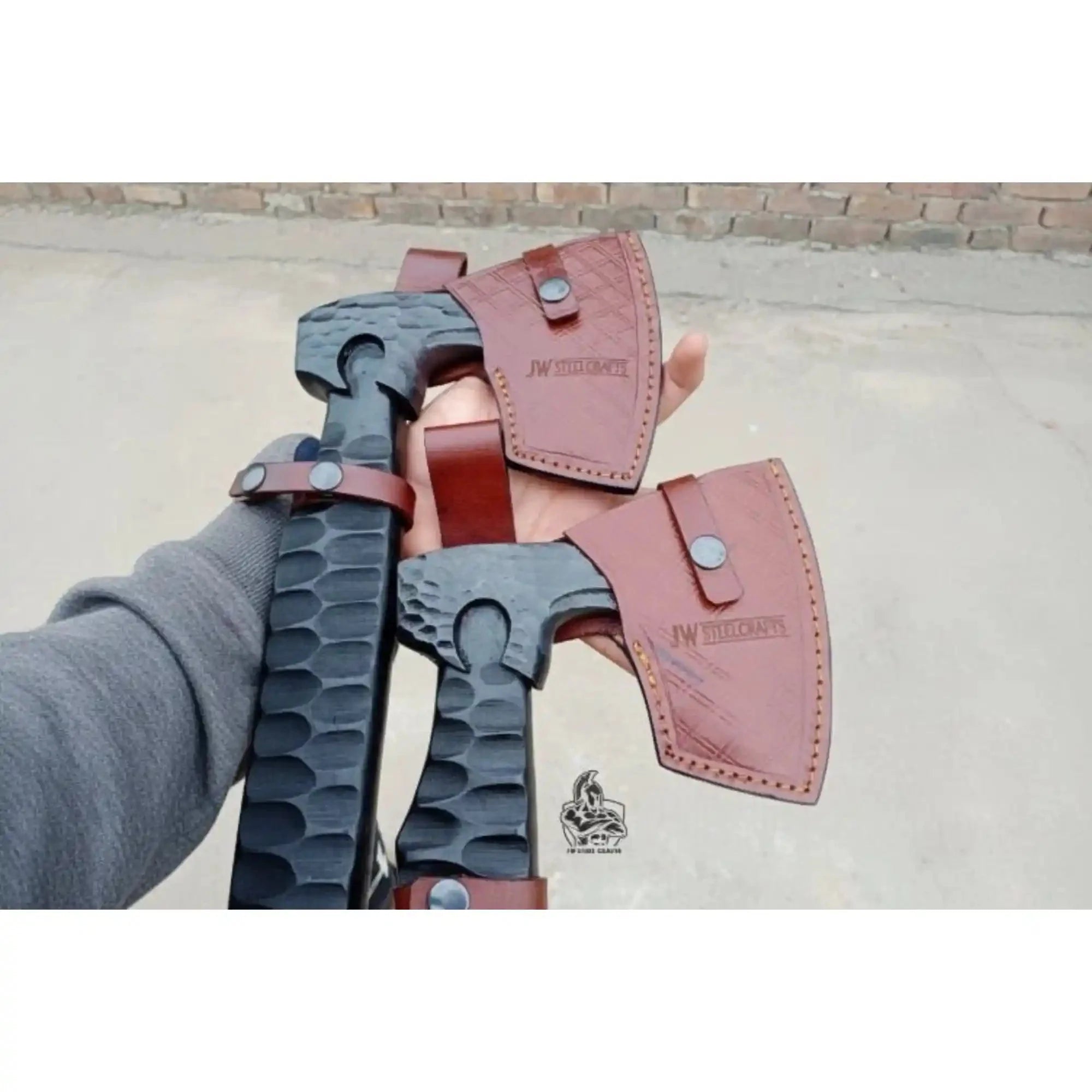 Forged Tool Axe Duo – Textured Steel Heads with Sculpted Hardwood Handles and Leather Sheaths