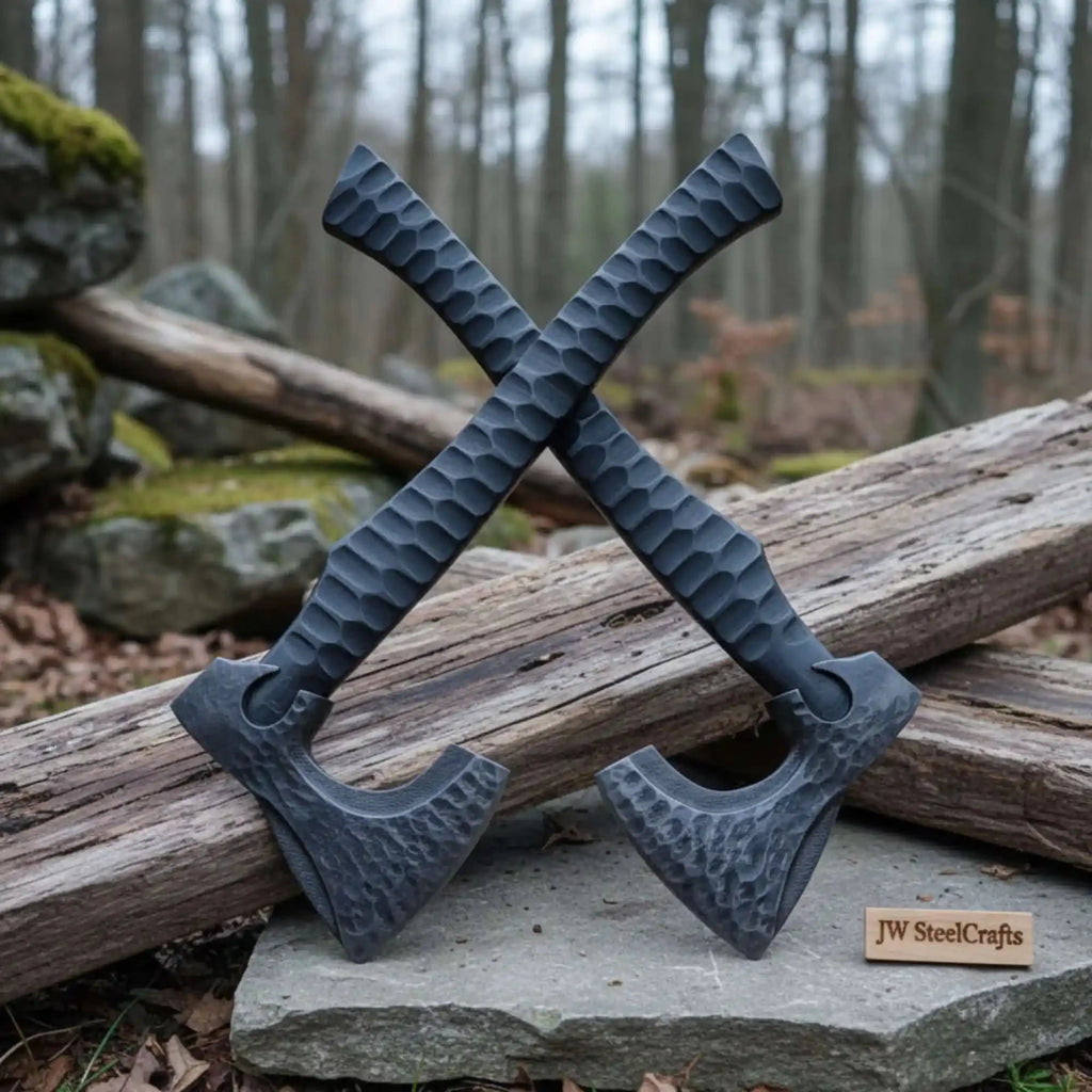 Forged Tool Axe Duo – Textured Steel Heads with Sculpted Hardwood Handles and Leather Sheaths