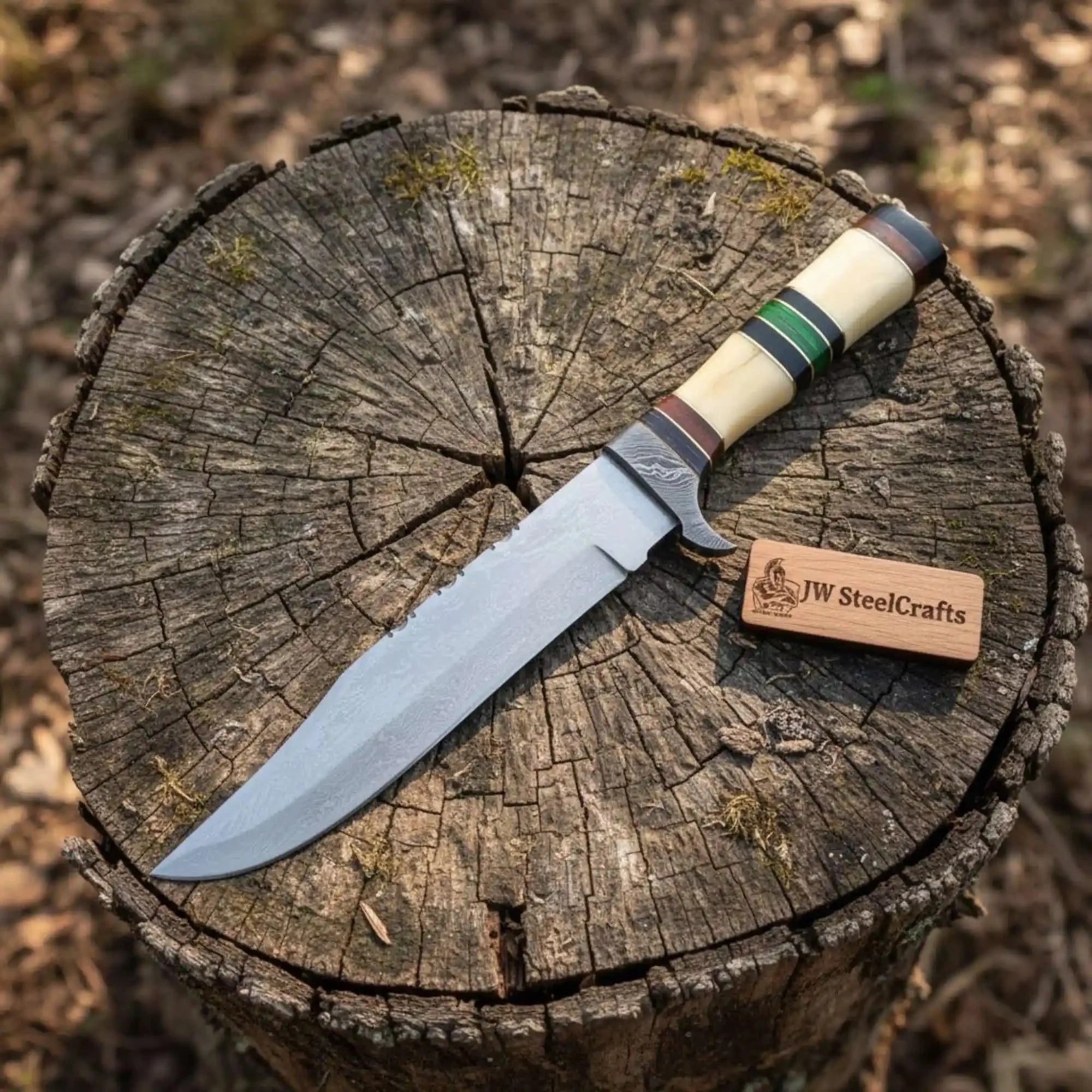 Hand Forged Frontier Bowie Knife, Authentic Jim Bowie Style, Bone Handle with Leather Sheath