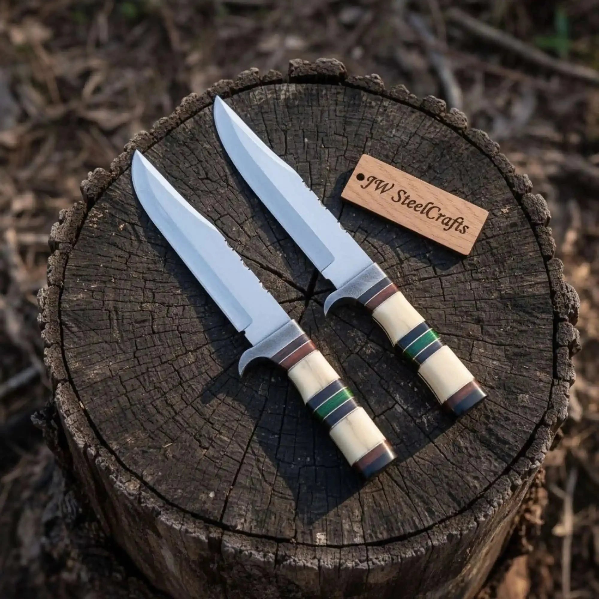 Hand Forged Frontier Bowie Knife Set, Traditional American Clip Point Knives, Stacked Bone Handles