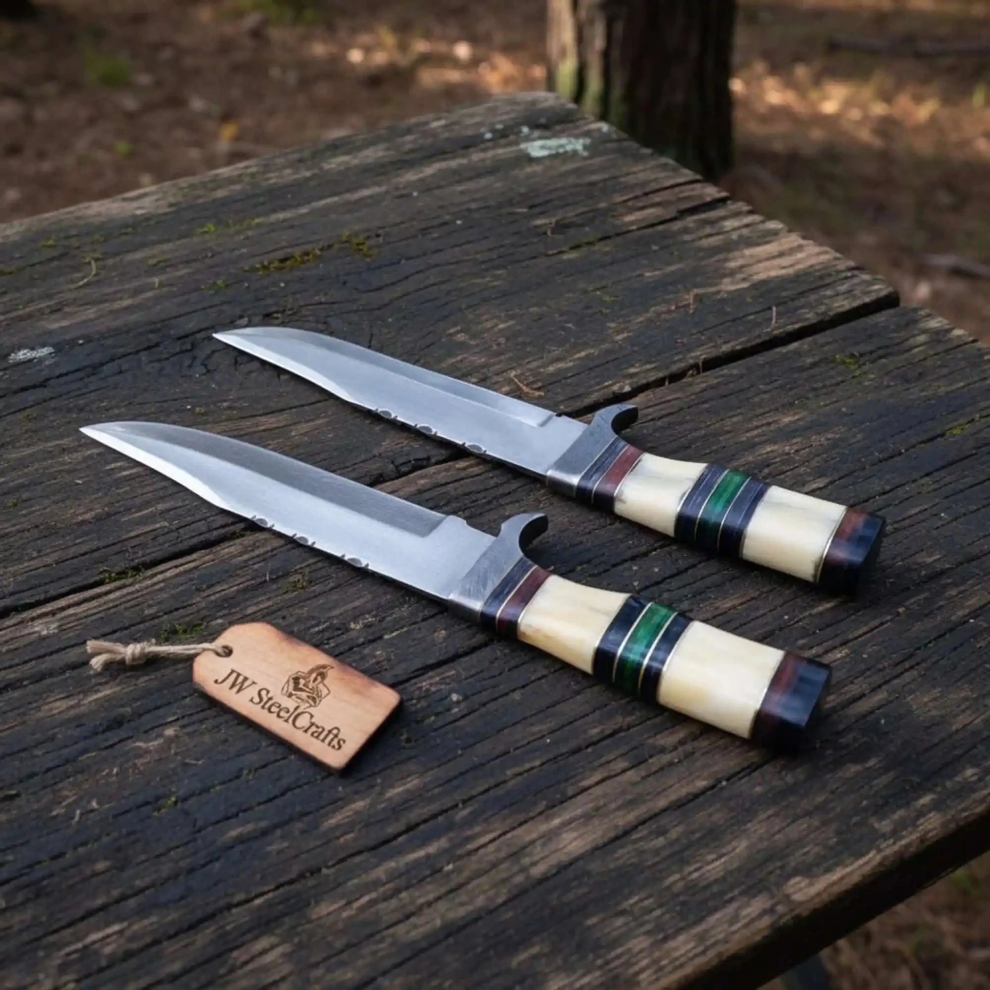 Hand Forged Frontier Bowie Knife Set, Traditional American Clip Point Knives, Stacked Bone Handles
