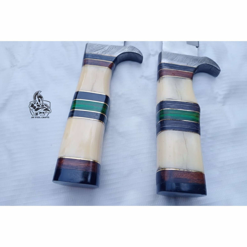 Hand Forged Frontier Bowie Knife Set, Traditional American Clip Point Knives, Stacked Bone Handles