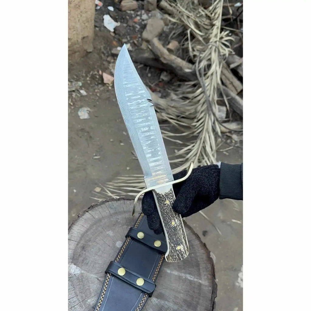 Frontier Bowie Style Hand Forged Damascus Steel Knife with Brass S-Guard, Clip Point Blade, Cut Hook, Stag Handle, Full Tang with Leather Sheath – JW SteelCrafts