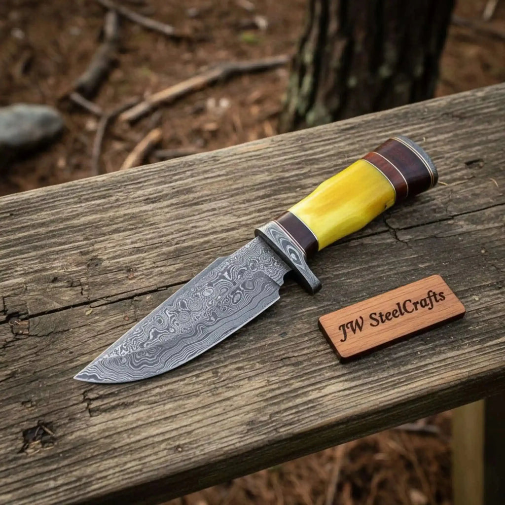 Frontier Clip Point Bowie Knife, Hand Forged Damascus Steel Blade, Stacked Handle, Custom Handmade Bowie, JW SteelCrafts