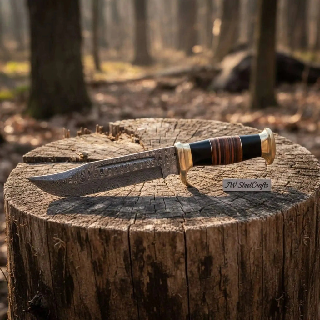 Hand Forged Damascus Steel Clip Point Bowie Knife with Stacked Wood Handle