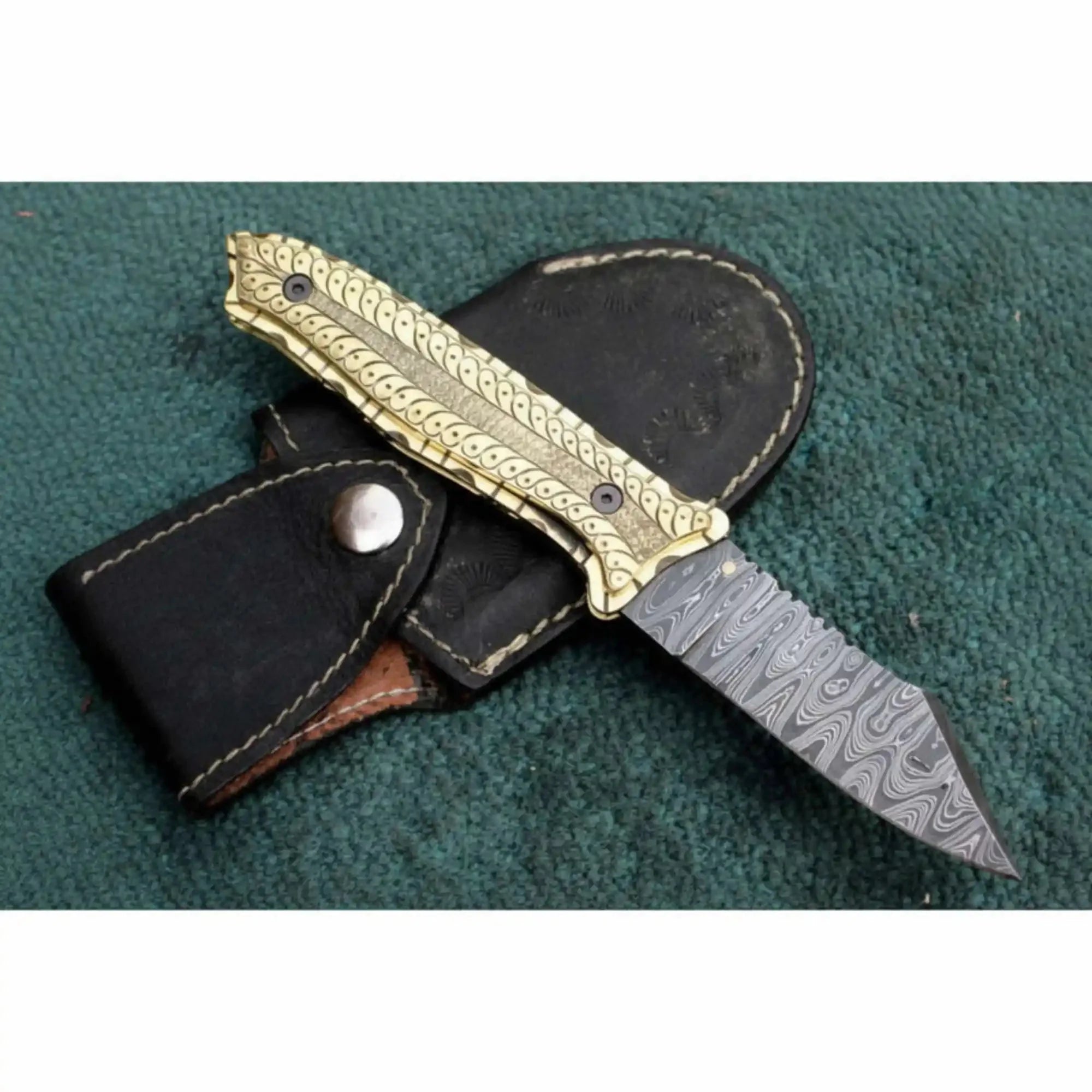 Hand-Engraved Damascus Folding Knife with Brass Handle & Leather Sheath