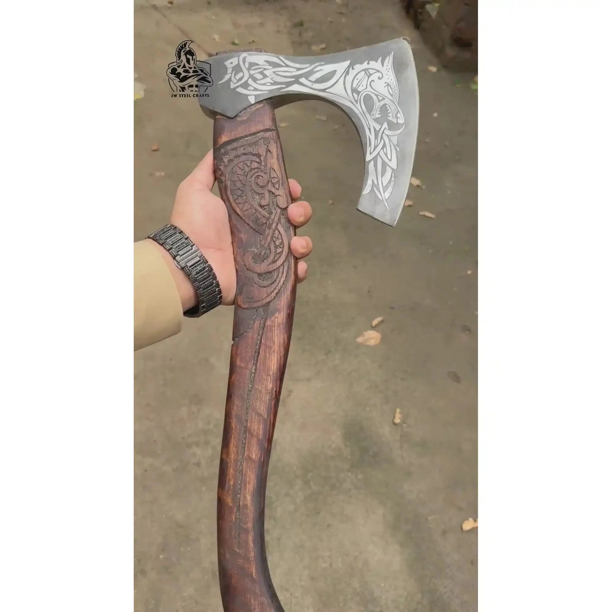 Hand-Engraved Viking Bearded Axe with Carved Hardwood Handle – Damascus Steel Blade | JW SteelCrafts