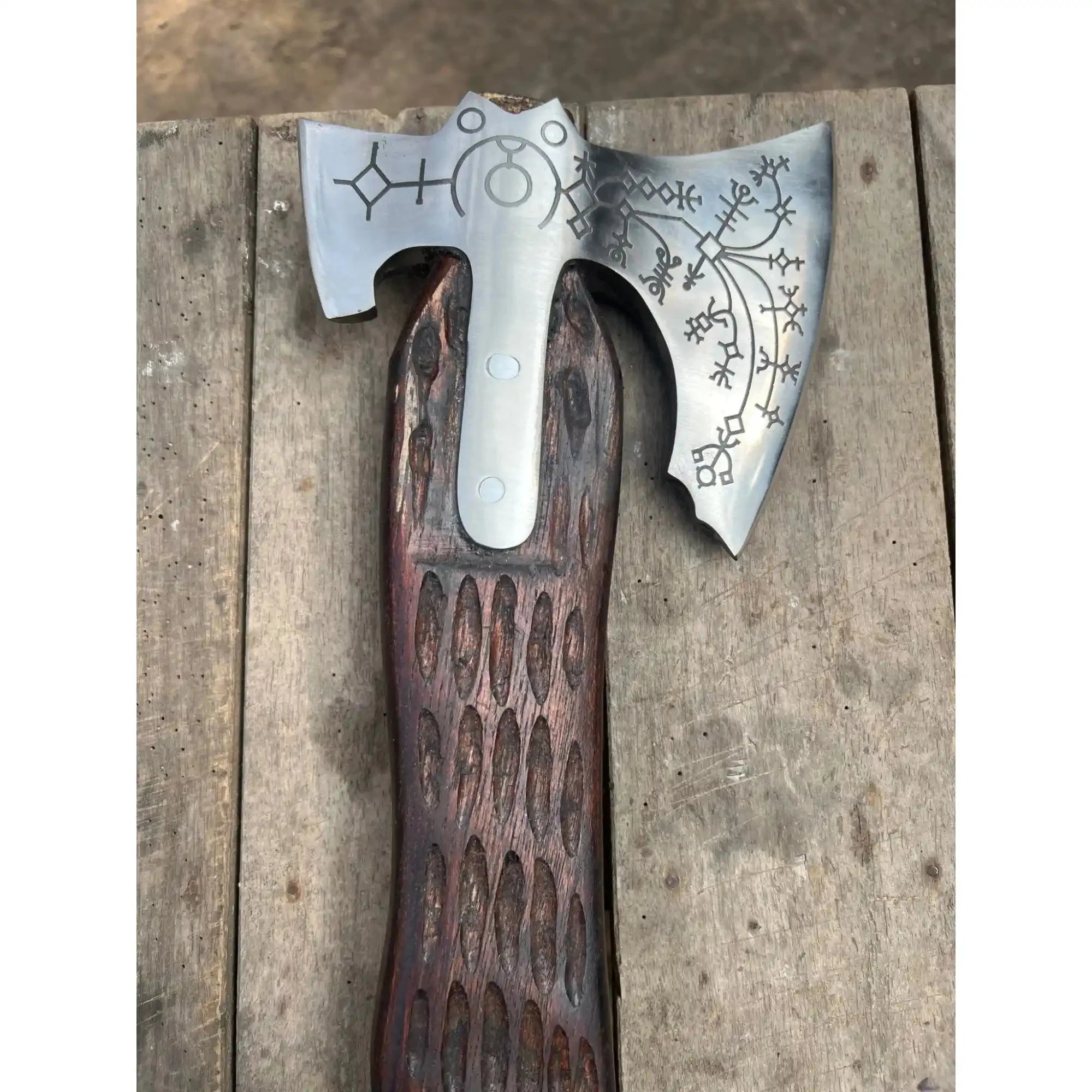 Hand Forged Viking Double-Bit Carbon Steel Axe with Norse Rune Etching and Engraved Hardwood Handle