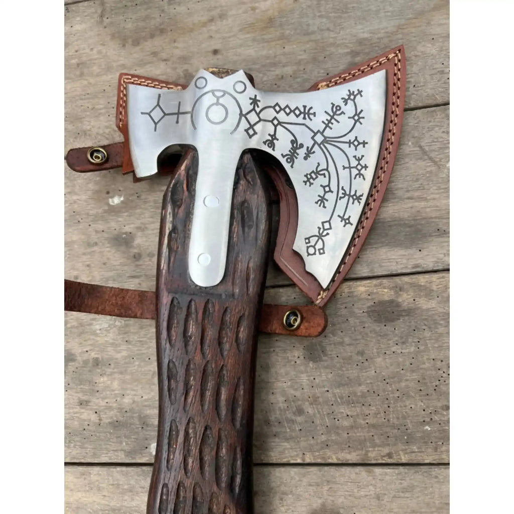 Hand Forged Viking Double-Bit Carbon Steel Axe with Norse Rune Etching and Engraved Hardwood Handle