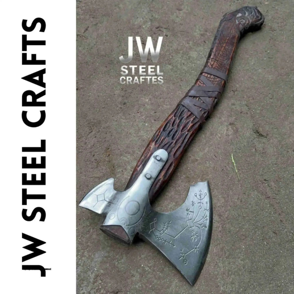 Hand Forged Viking Double-Bit Carbon Steel Axe with Norse Rune Etching and Engraved Hardwood Handle