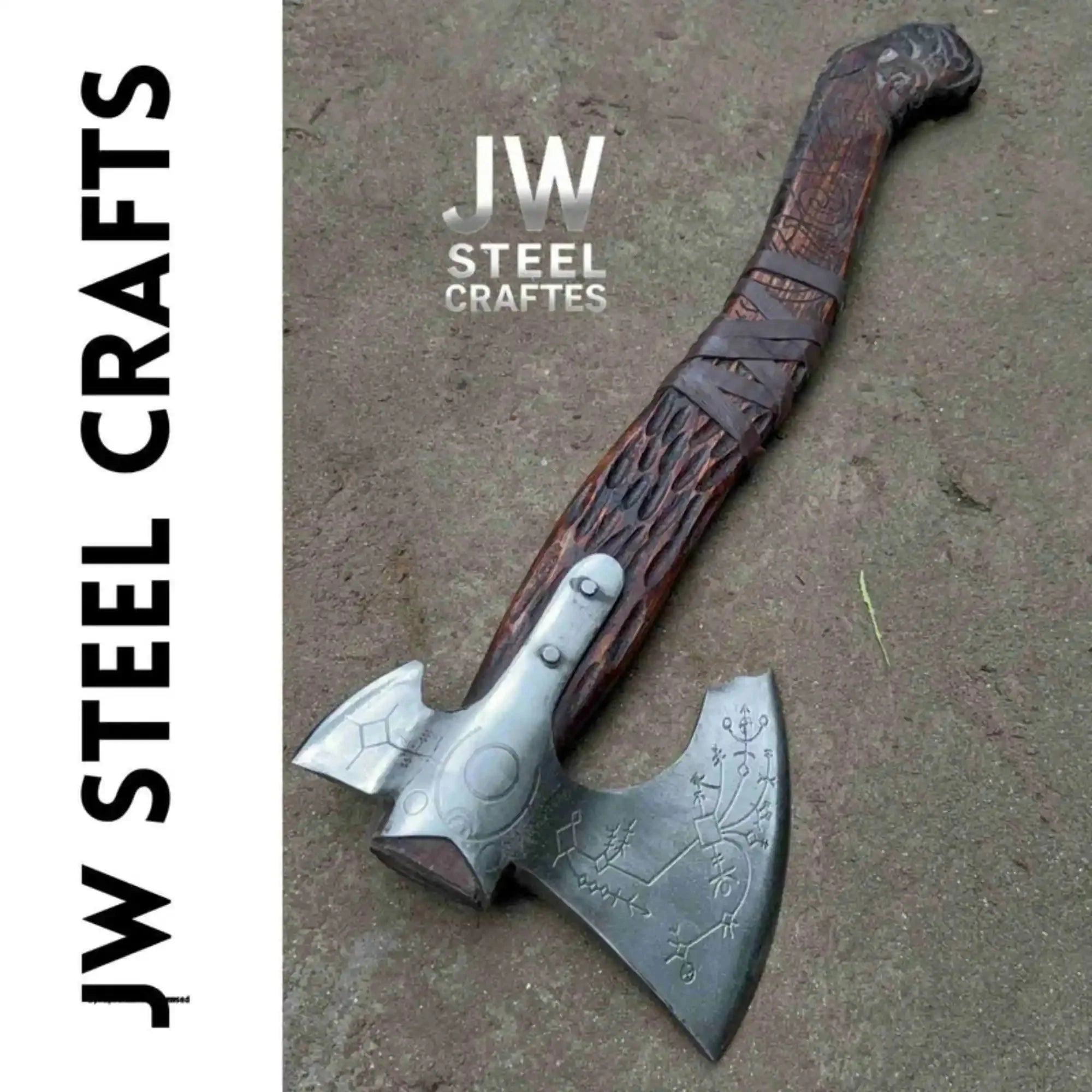 Hand Forged Viking Double-Bit Carbon Steel Axe with Norse Rune Etching and Engraved Hardwood Handle