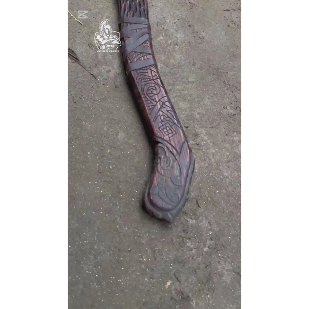 Hand Forged Viking Double-Bit Carbon Steel Axe with Norse Rune Etching and Engraved Hardwood Handle