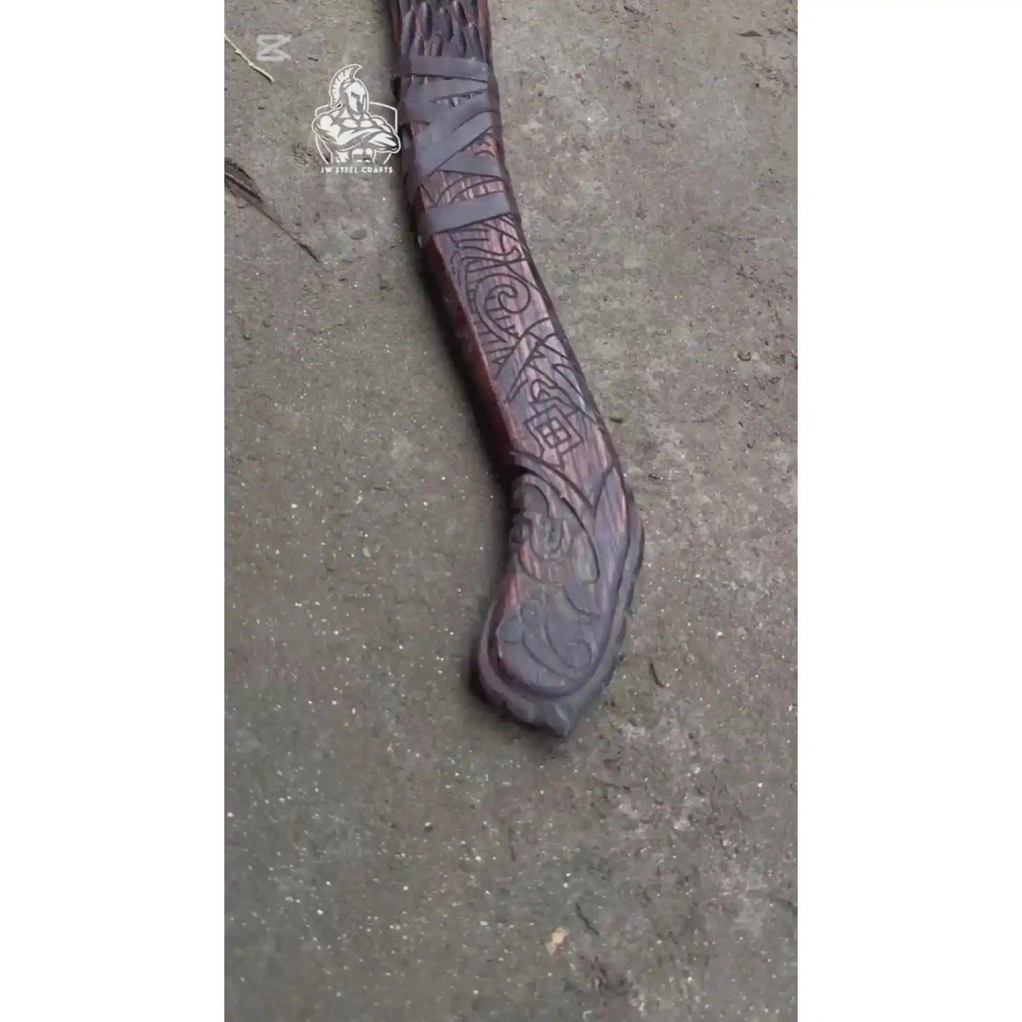 Hand Forged Viking Double-Bit Carbon Steel Axe with Norse Rune Etching and Engraved Hardwood Handle