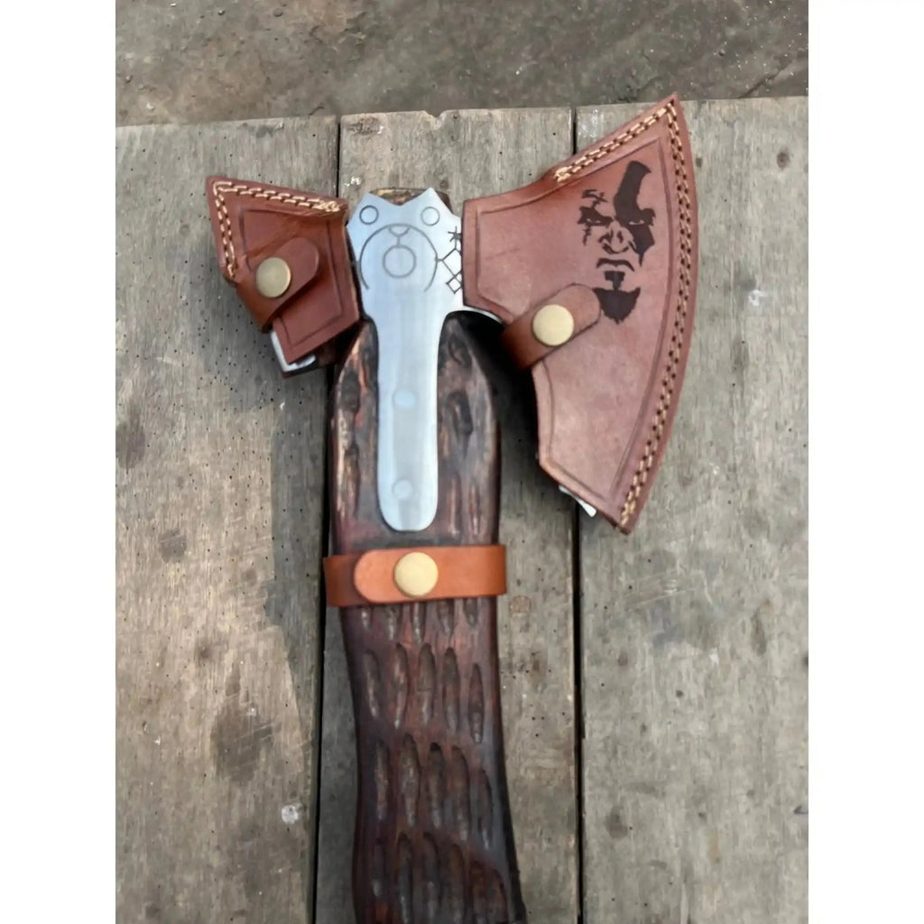 Hand Forged Viking Double-Bit Carbon Steel Axe with Norse Rune Etching and Engraved Hardwood Handle