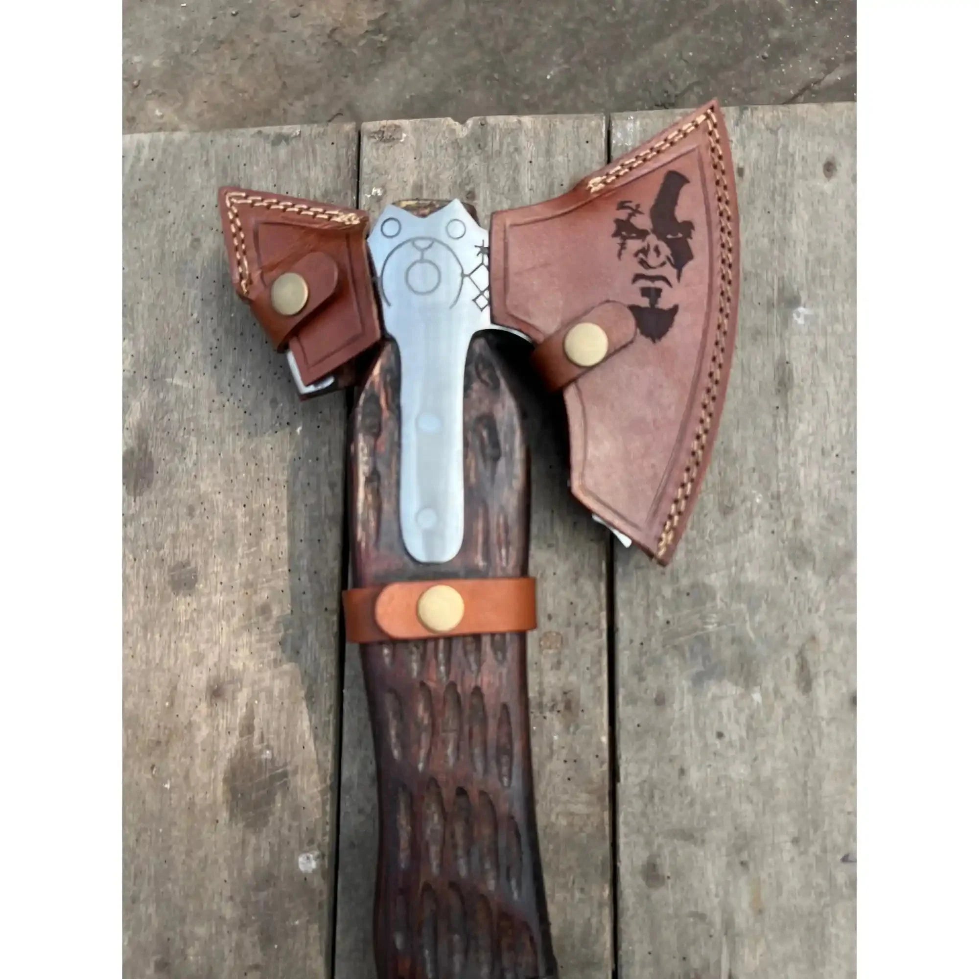 Hand Forged Viking Double-Bit Carbon Steel Axe with Norse Rune Etching and Engraved Hardwood Handle