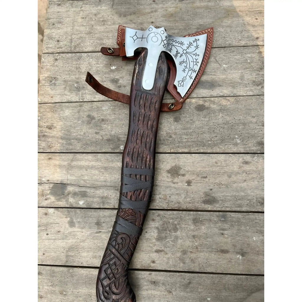 Hand Forged Viking Double-Bit Carbon Steel Axe with Norse Rune Etching and Engraved Hardwood Handle