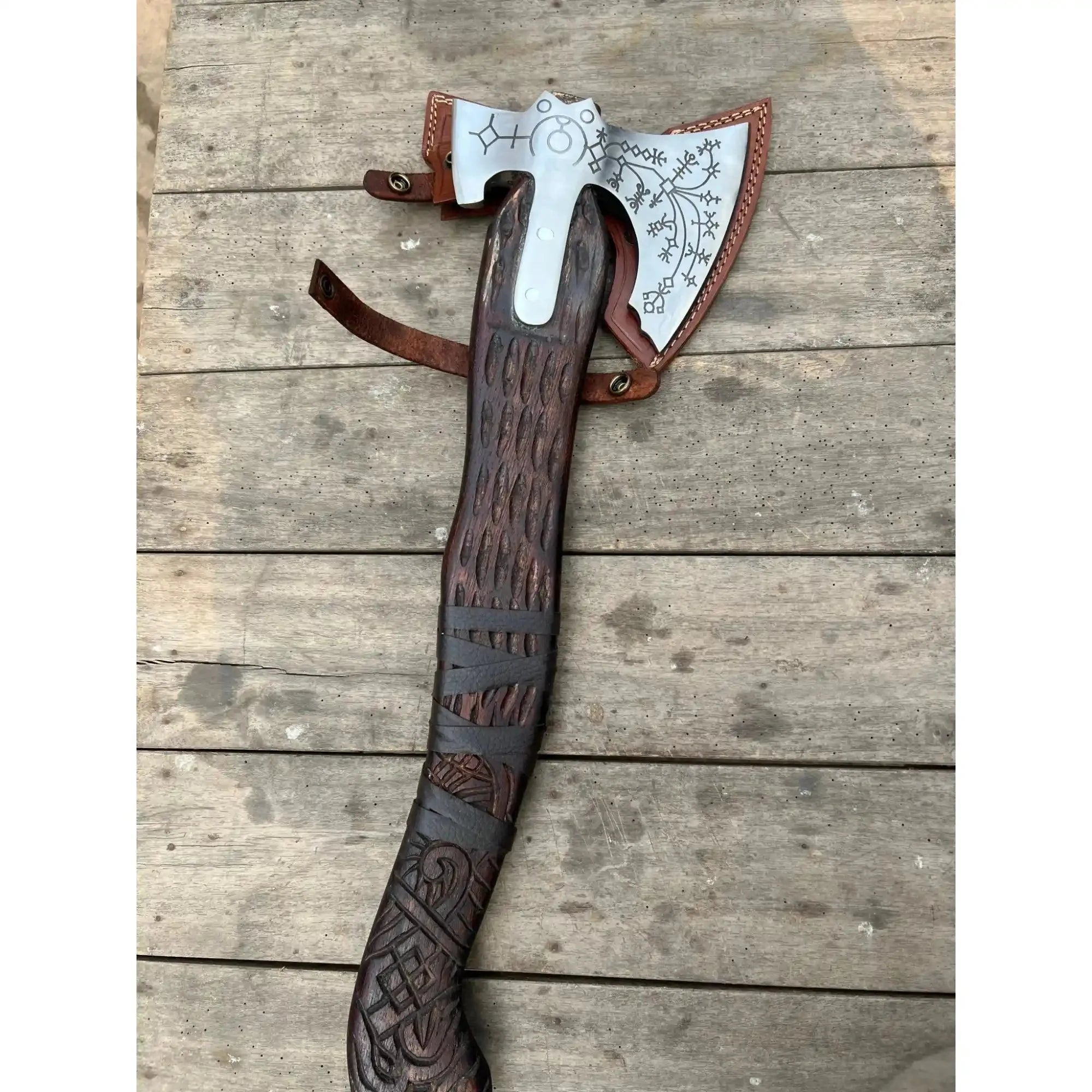 Hand Forged Viking Double-Bit Carbon Steel Axe with Norse Rune Etching and Engraved Hardwood Handle