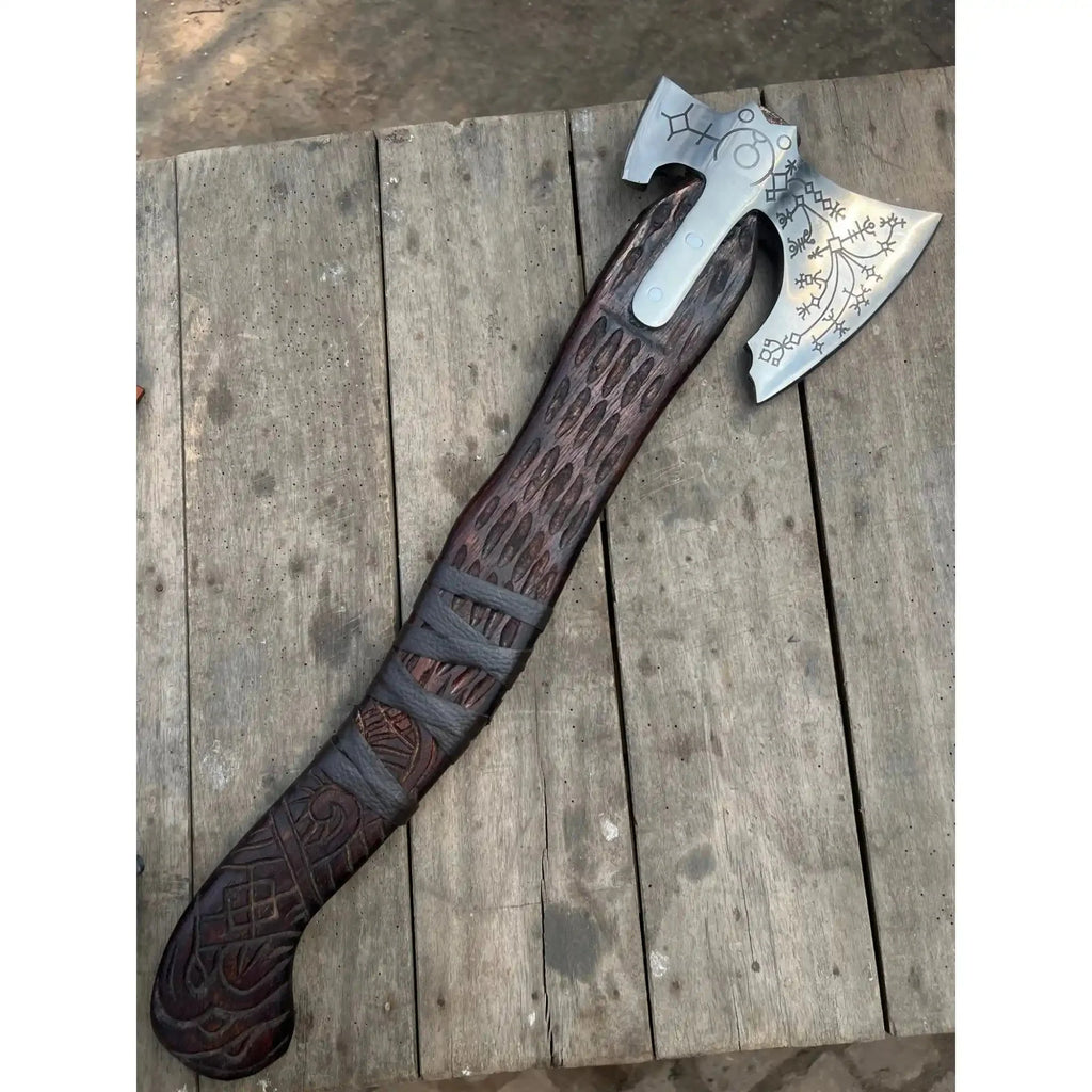 Hand Forged Viking Double-Bit Carbon Steel Axe with Norse Rune Etching and Engraved Hardwood Handle
