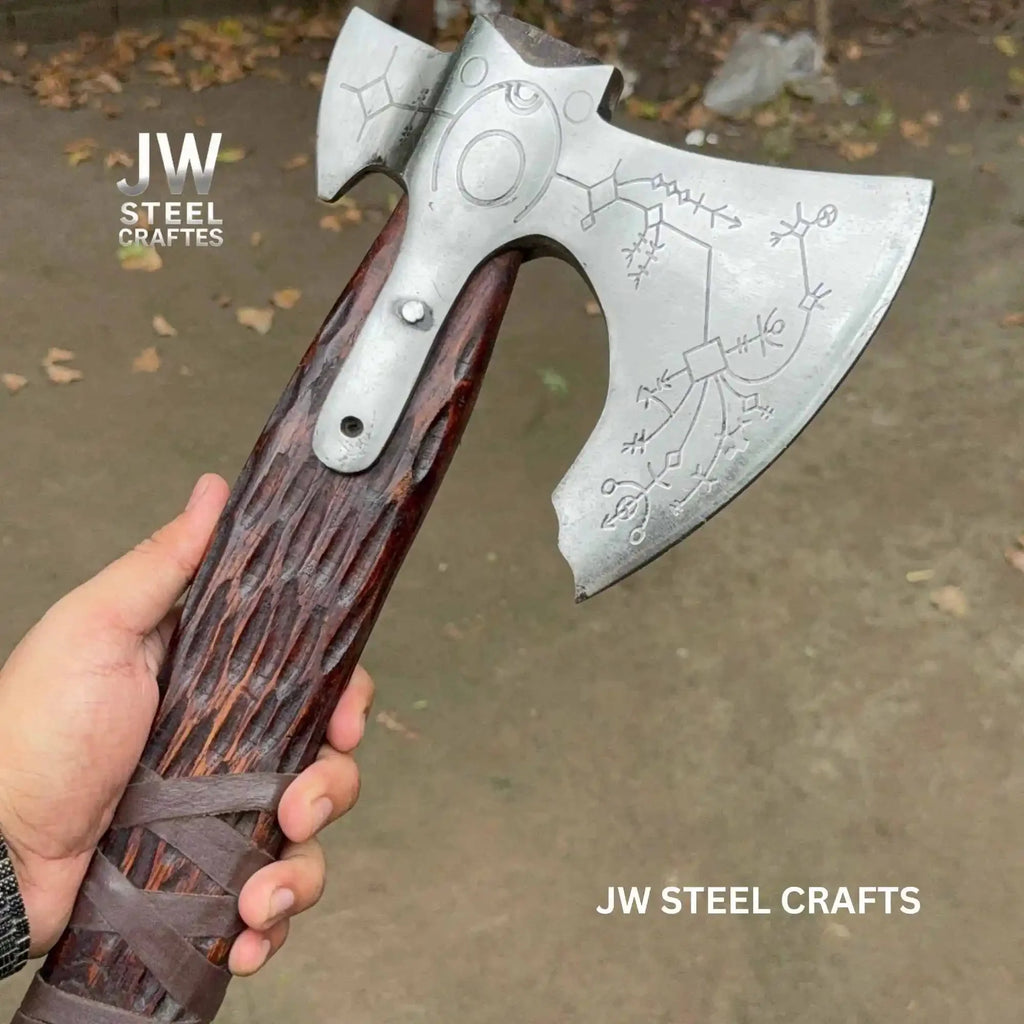 Hand Forged Viking Double-Bit Carbon Steel Axe with Norse Rune Etching and Engraved Hardwood Handle