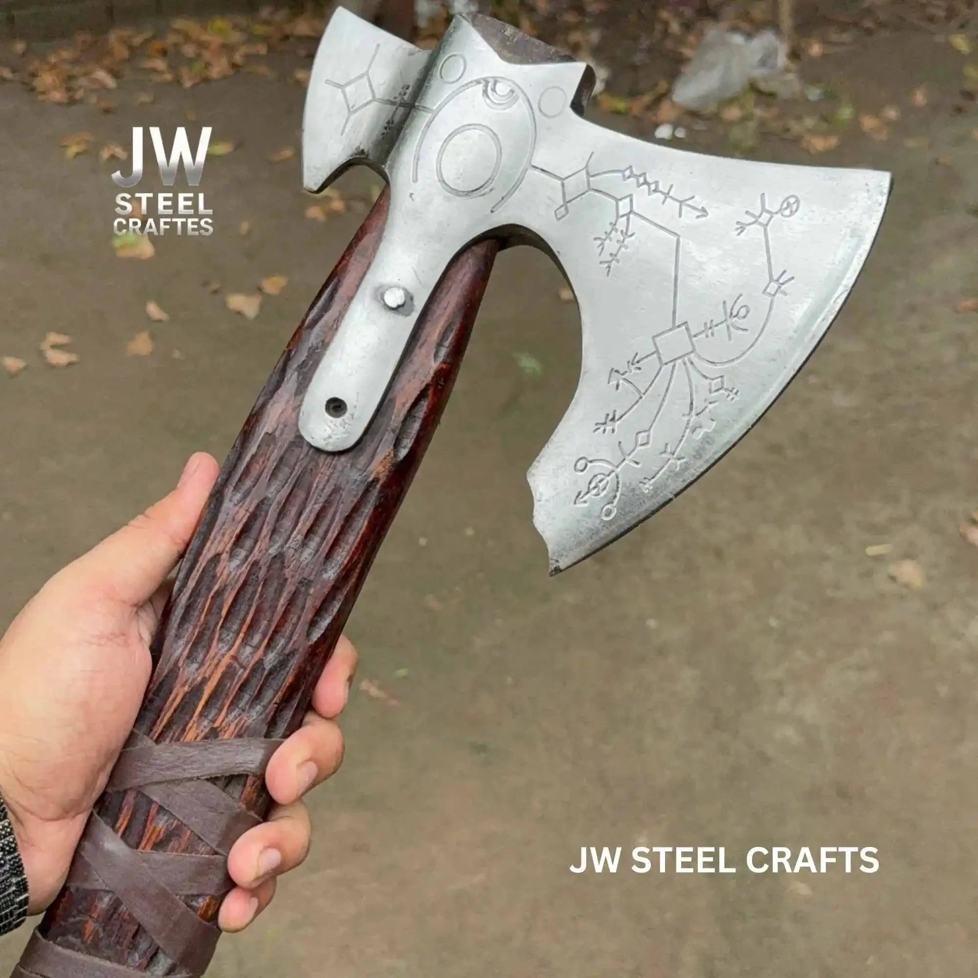Hand Forged Viking Double-Bit Carbon Steel Axe with Norse Rune Etching and Engraved Hardwood Handle