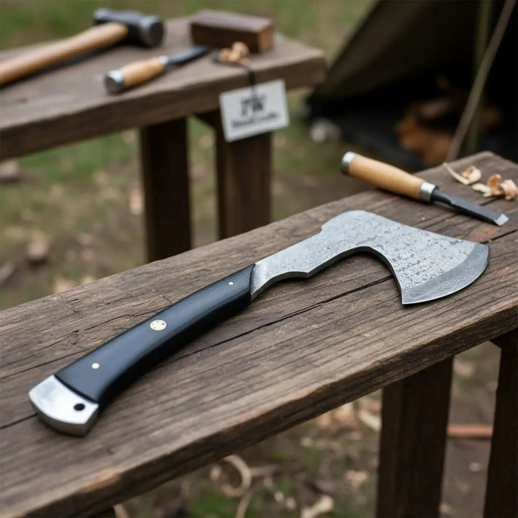 Hand-Forged Bearded Camp Hatchet with Hardwood Handle and Leather Sheath