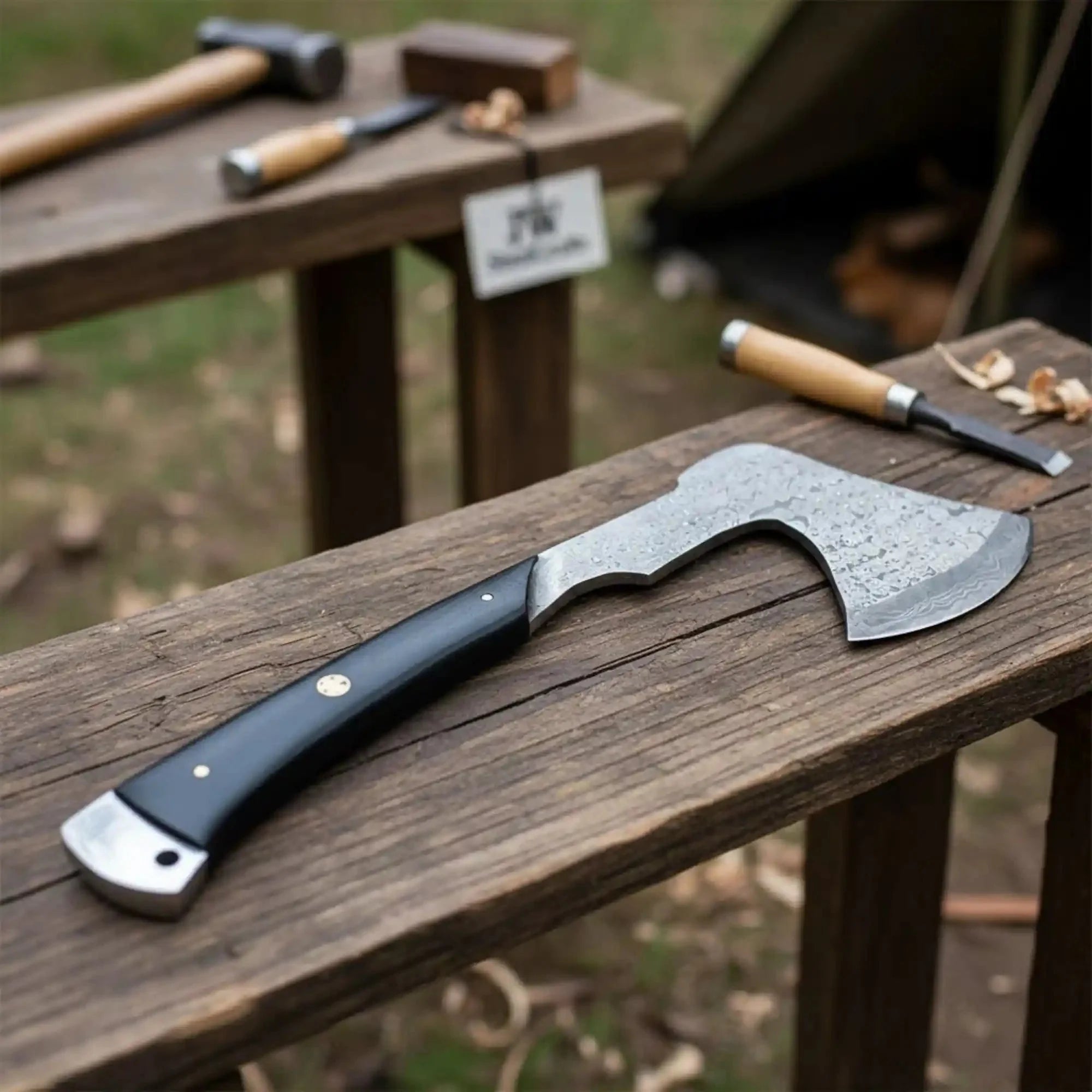 Hand-Forged Bearded Camp Hatchet with Hardwood Handle and Leather Sheath