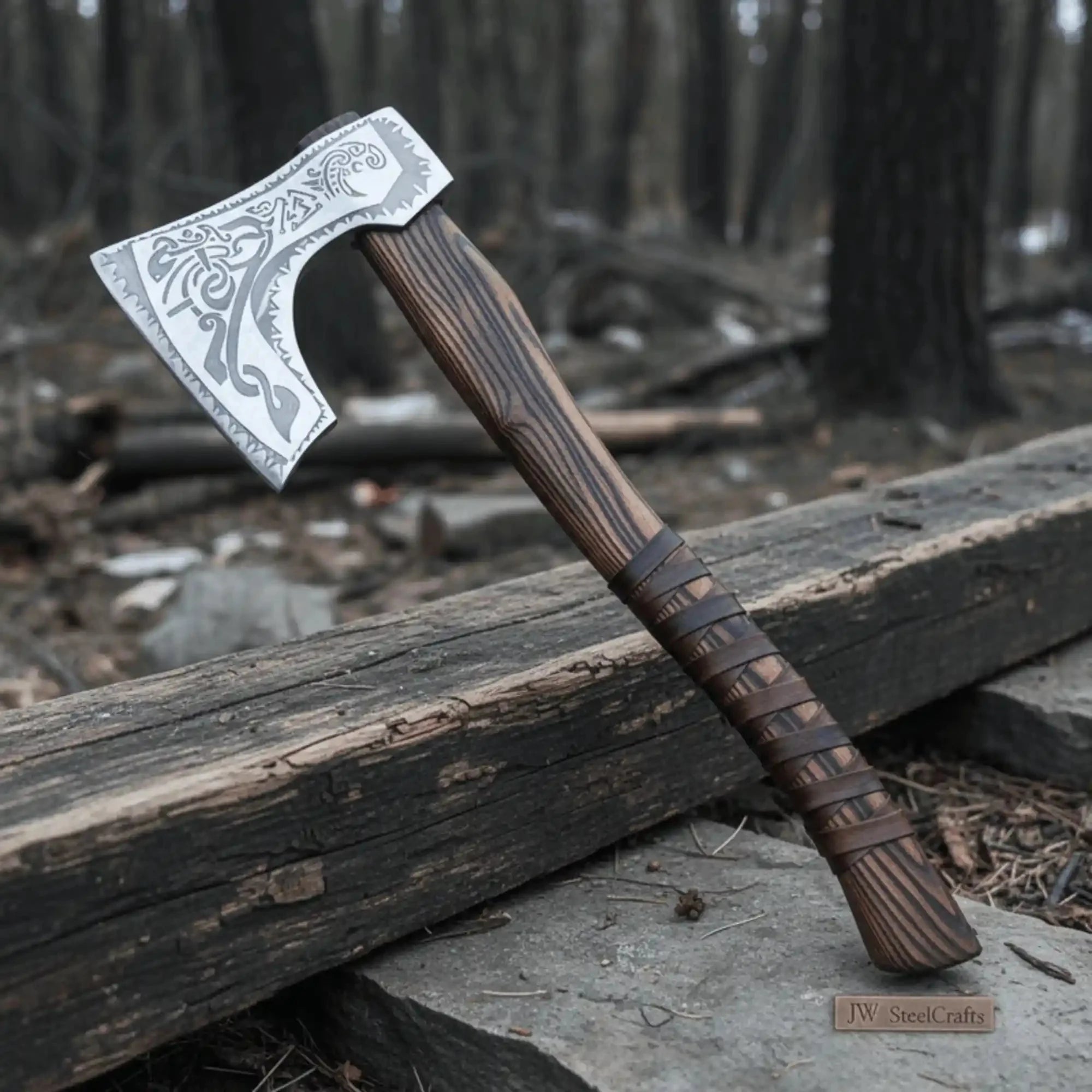 Hand Forged Carbon Steel Viking Axe with Carved Ash Wood Handle and Leather Grip