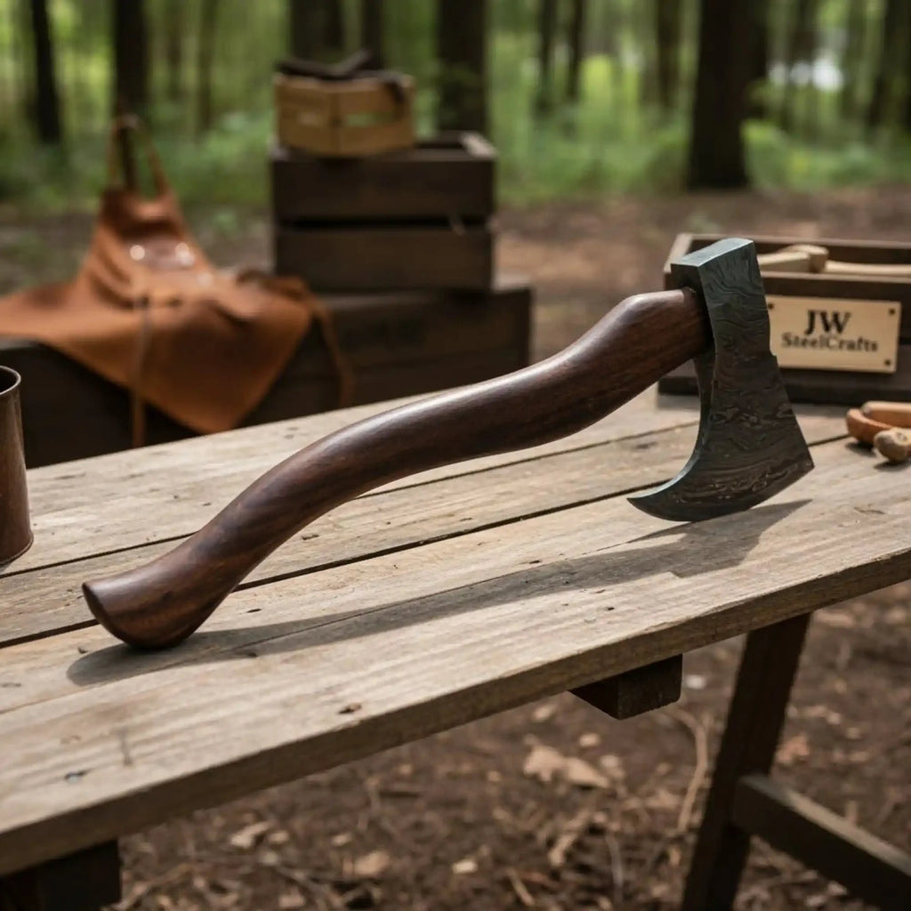 Hand-Forged Damascus Bearded Bushcraft Hatchet with Curved Hardwood Handle