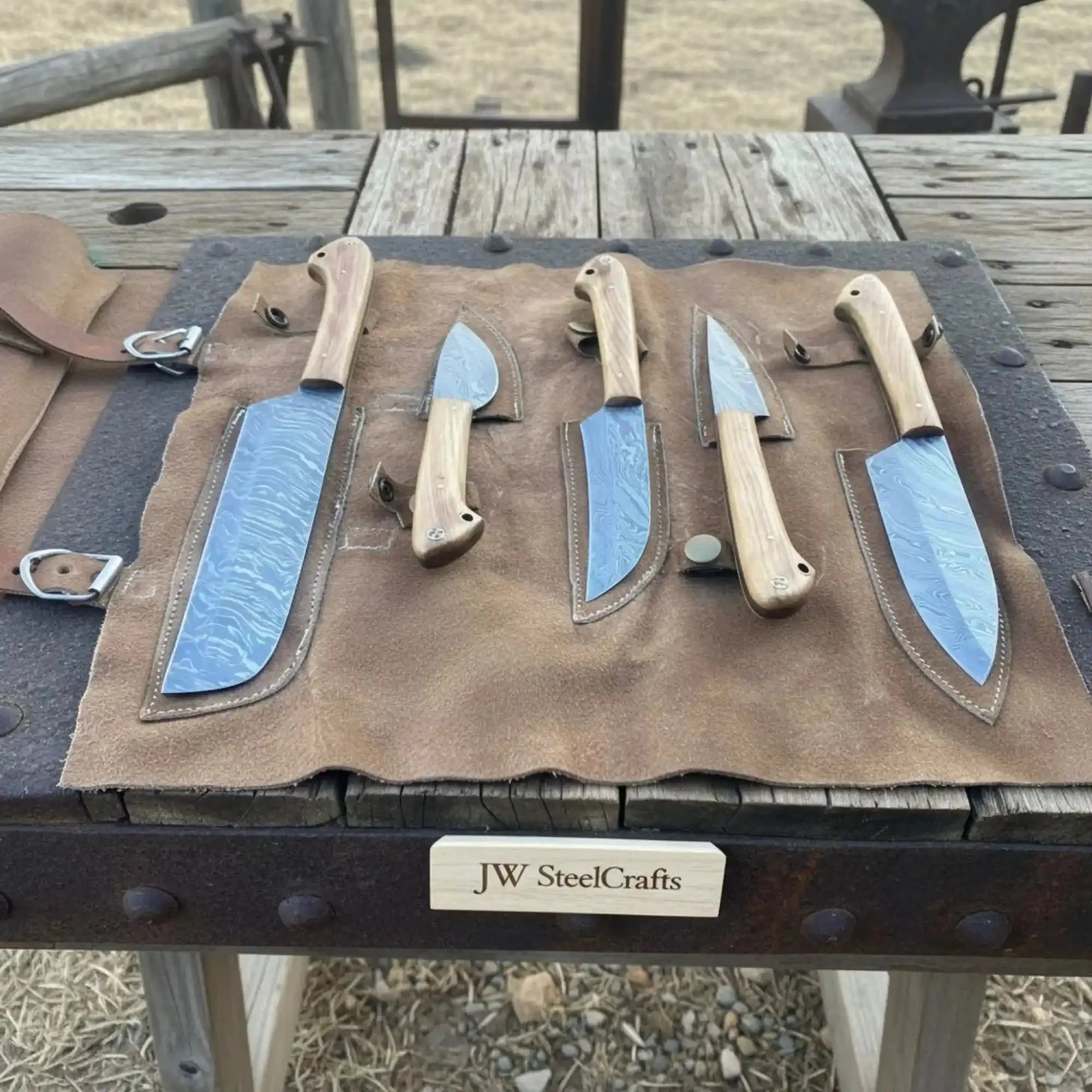 Hand Forged Damascus Chef Knife Set with Cleaver, Utility, Paring and Skinner Knives