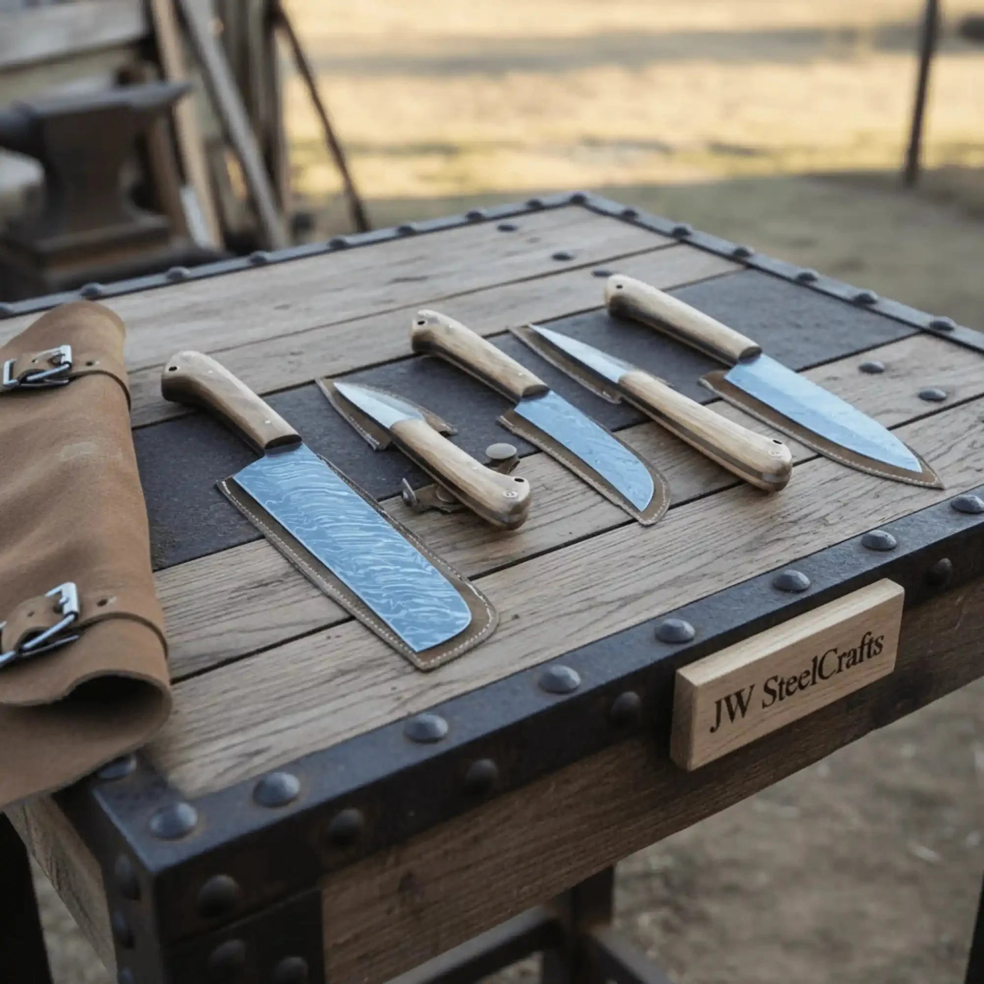 Hand Forged Damascus Chef Knife Set with Cleaver, Utility, Paring and Skinner Knives