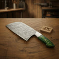 Hand Forged Damascus Cleaver Knife with Green Wood Handle, Professional Meat Cutting Tool