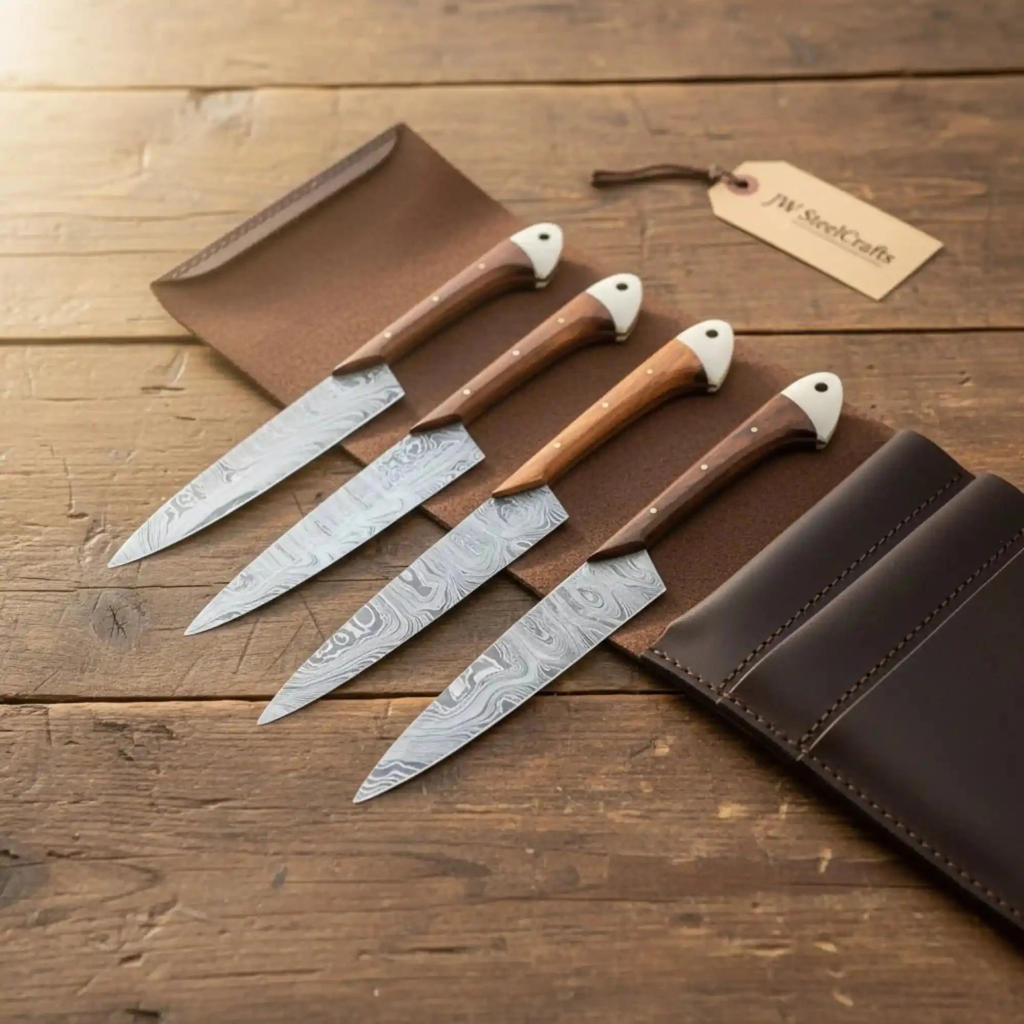 Damascus Cutlery Set - Santoku, Chef Knife, Cleaver, Petty Knife & Honing Rod