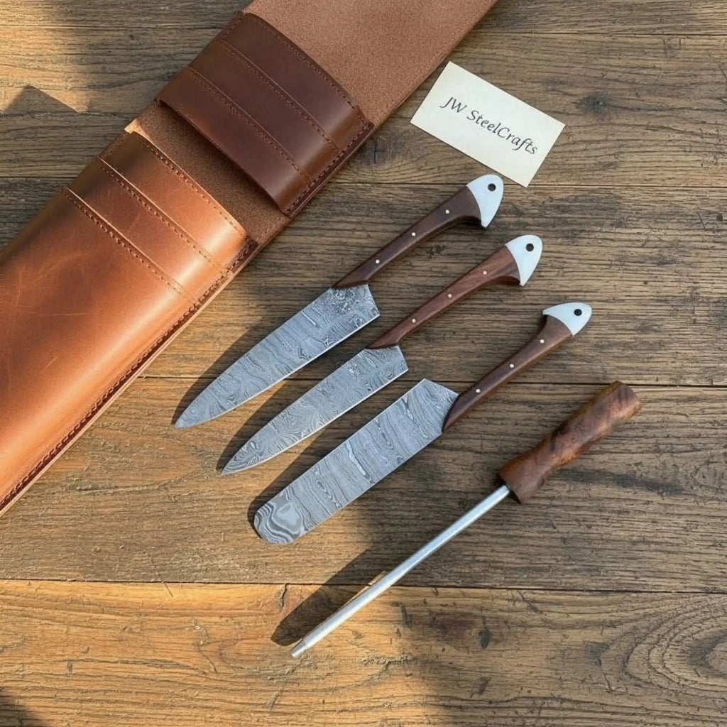 Damascus Cutlery Set - Santoku, Chef Knife, Cleaver, Petty Knife & Honing Rod