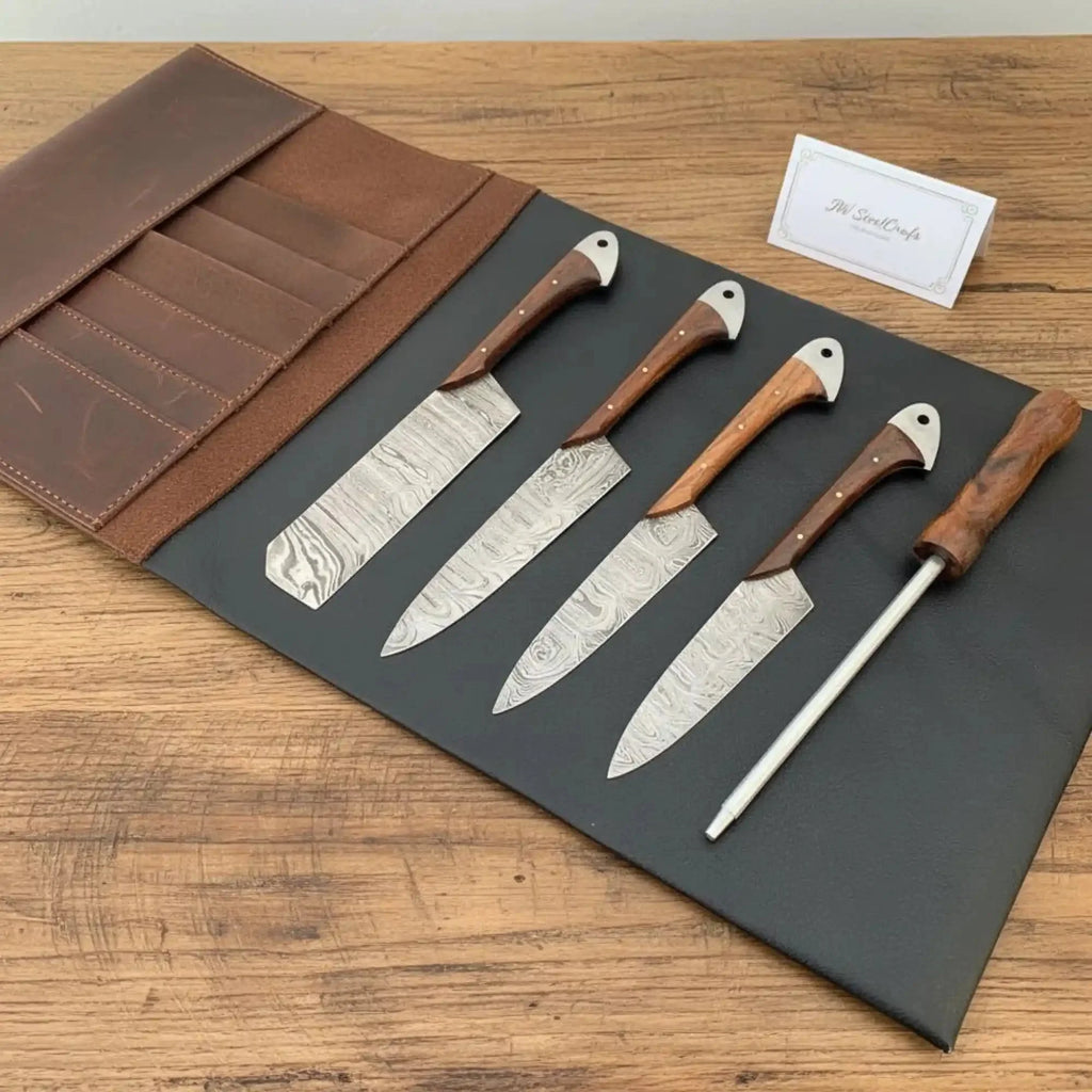 Damascus Cutlery Set - Santoku, Chef Knife, Cleaver, Petty Knife & Honing Rod