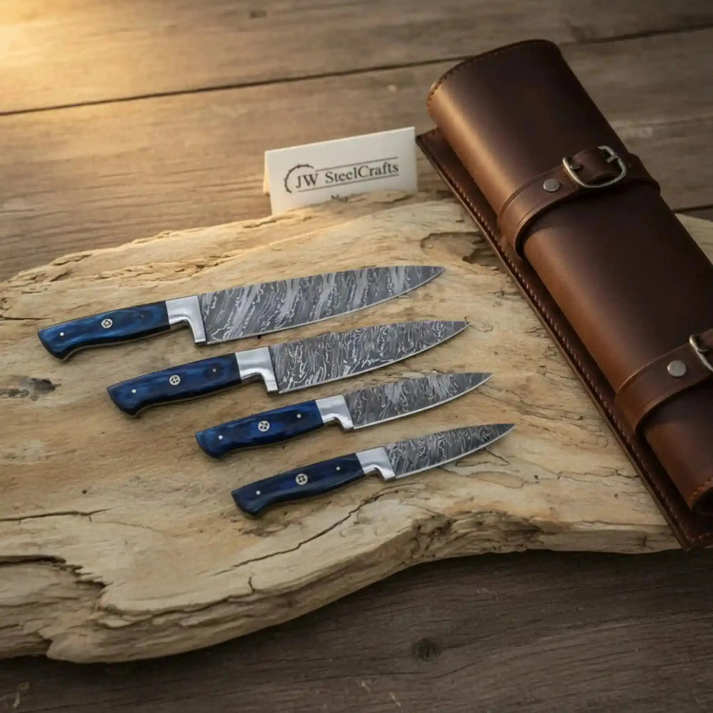 Damascus Steak Knife Set - Elegant French-Style Cutlery with Blue Wood Handles