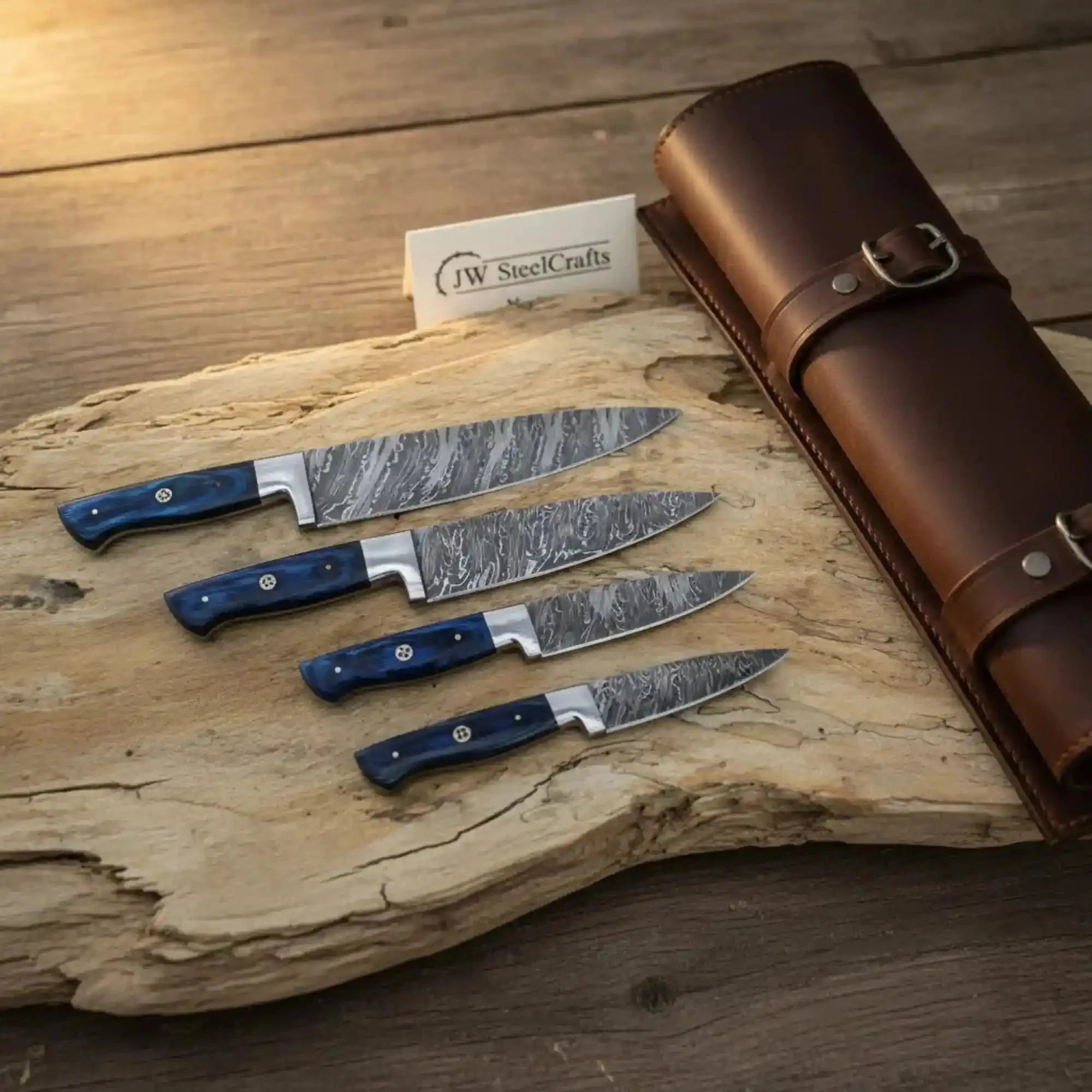 Damascus Steak Knife Set - Elegant French-Style Cutlery with Blue Wood Handles