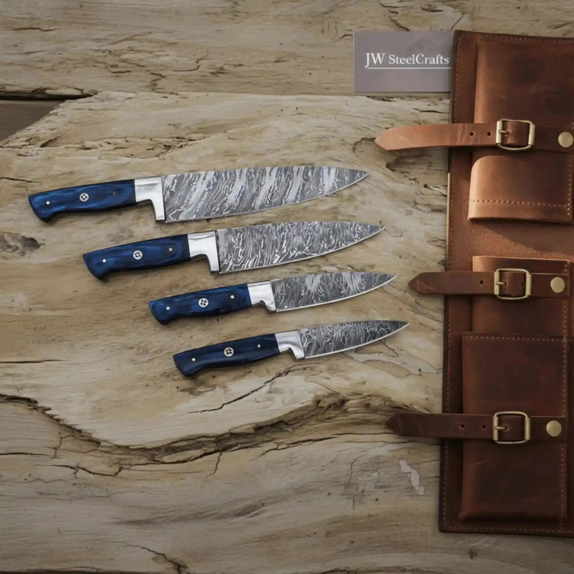 Damascus Steak Knife Set - Elegant French-Style Cutlery with Blue Wood Handles