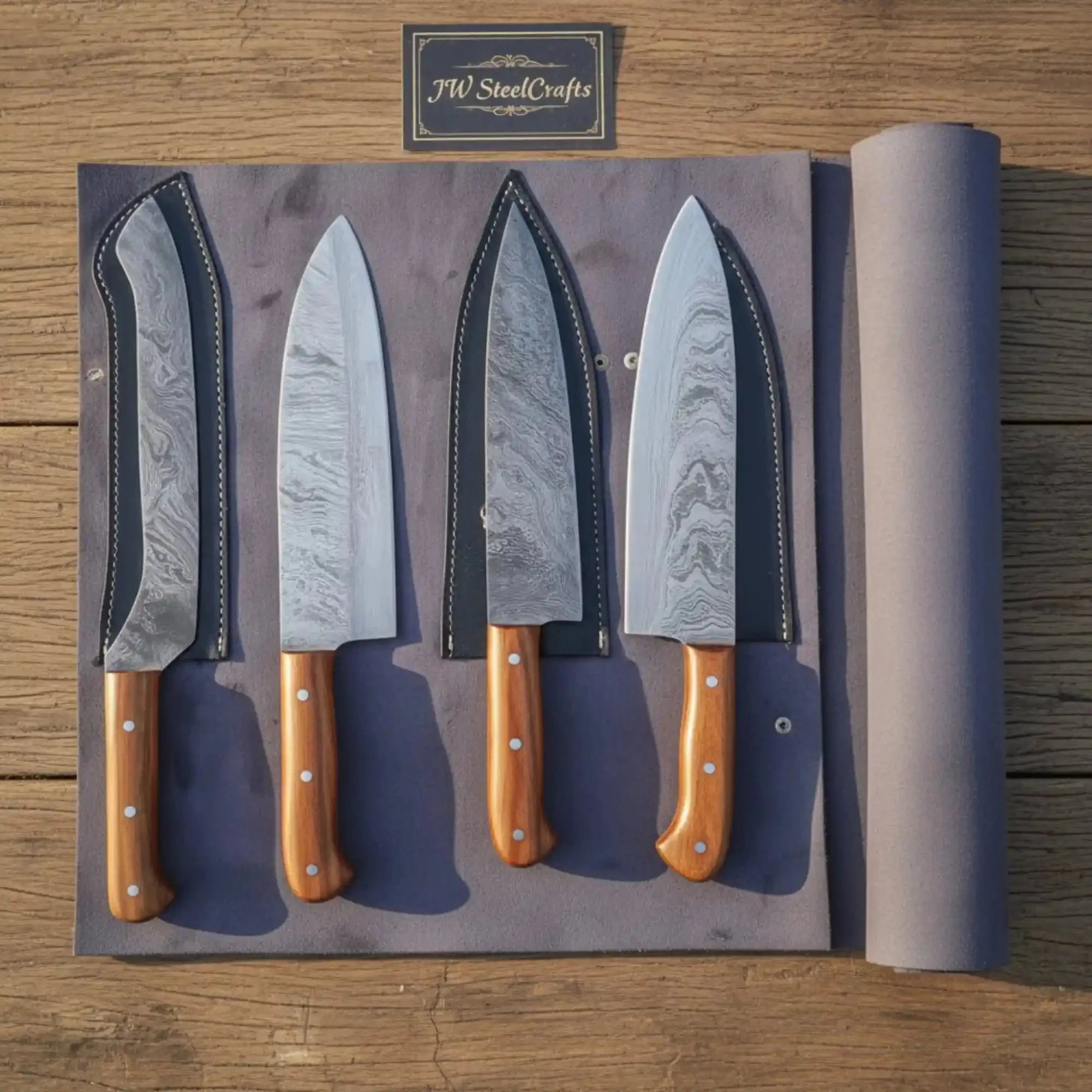 Custom Damascus Japanese Kitchen Quartet — Nakiri, Gyuto, Santoku & Chef Hybrid with Olive Handles