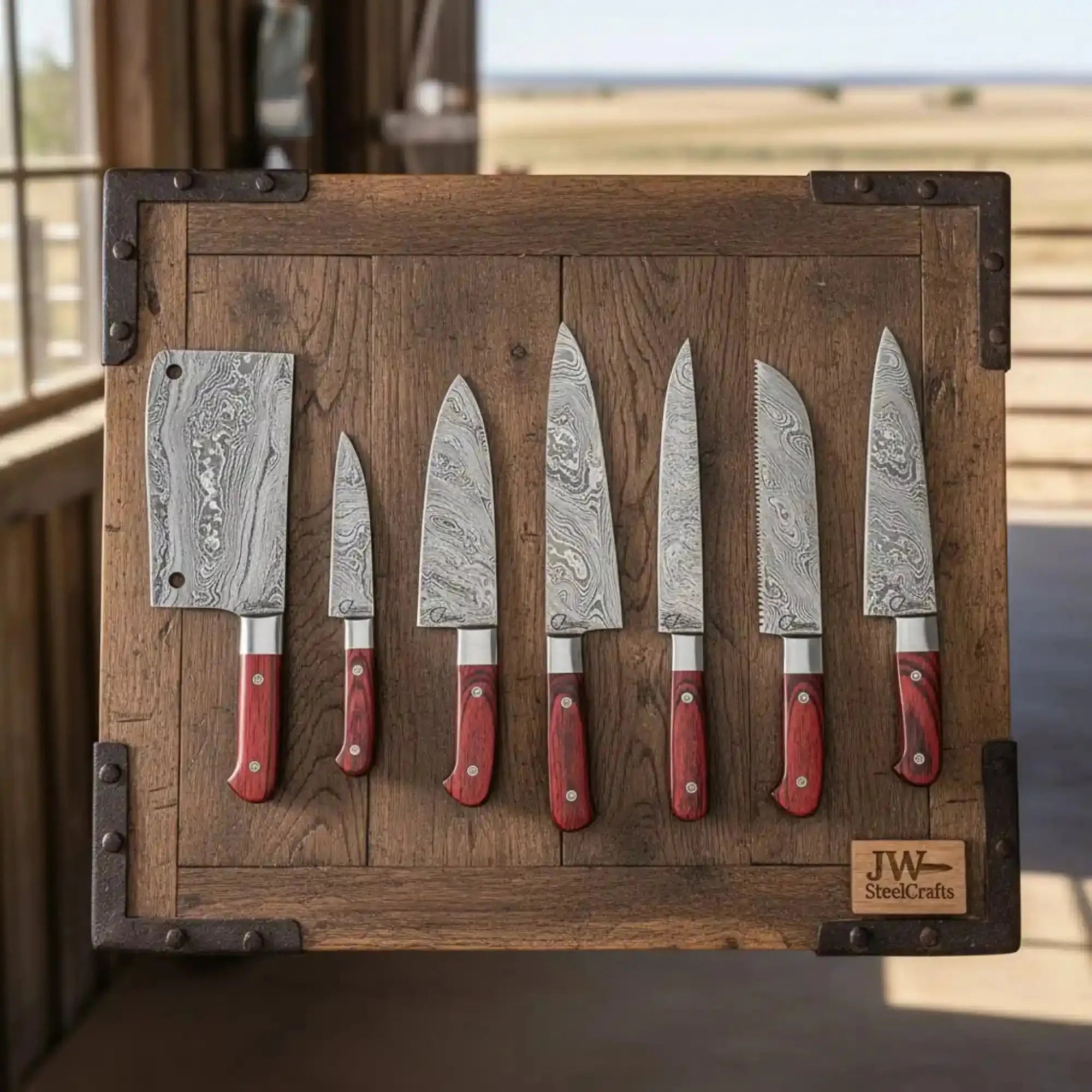 Hand Forged Damascus 7-Piece Kitchen Knife Set with Red Wood Handles