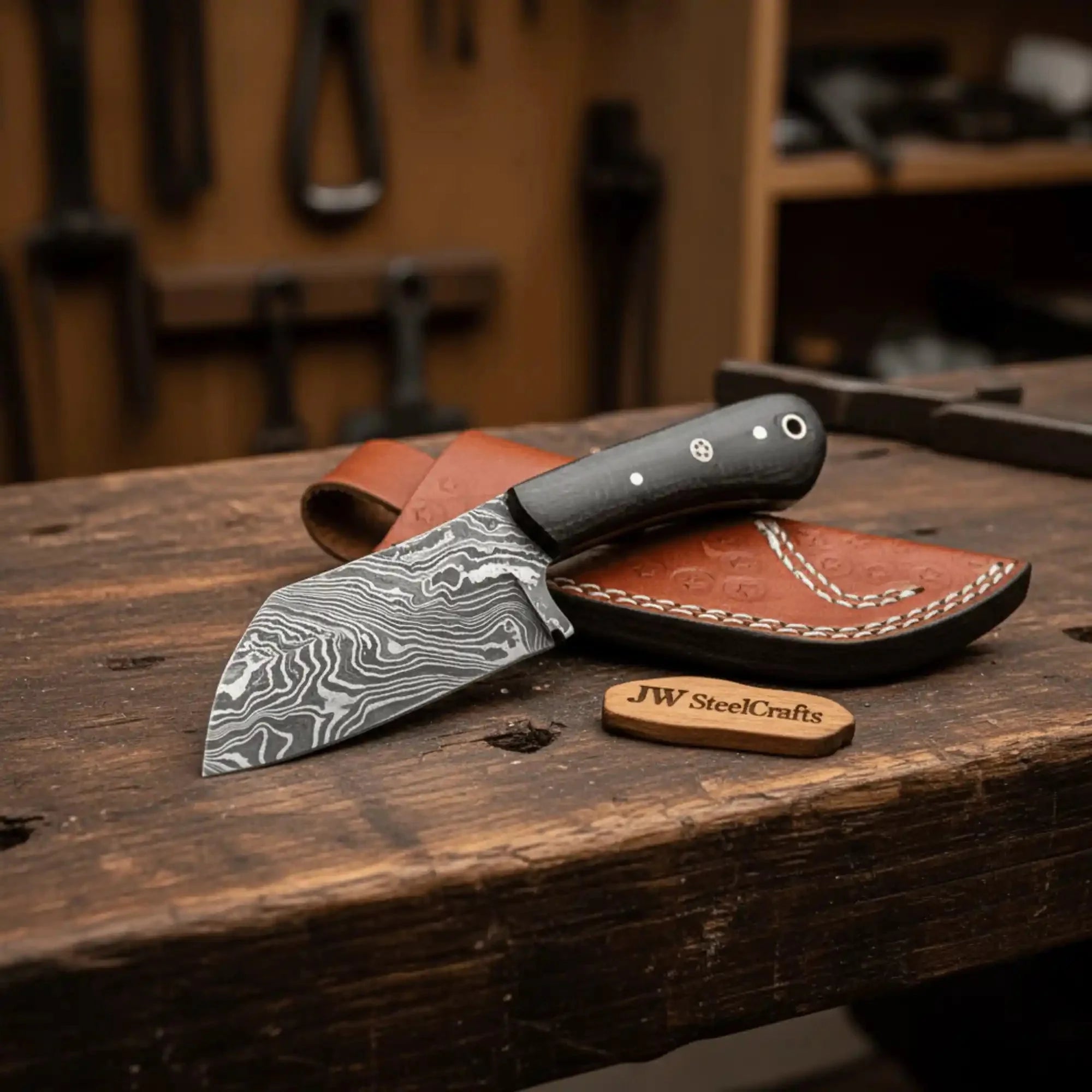 Hand Forged Damascus Skinning Knife with Black Micarta Handle, Hunting Knife with Leather Sheath
