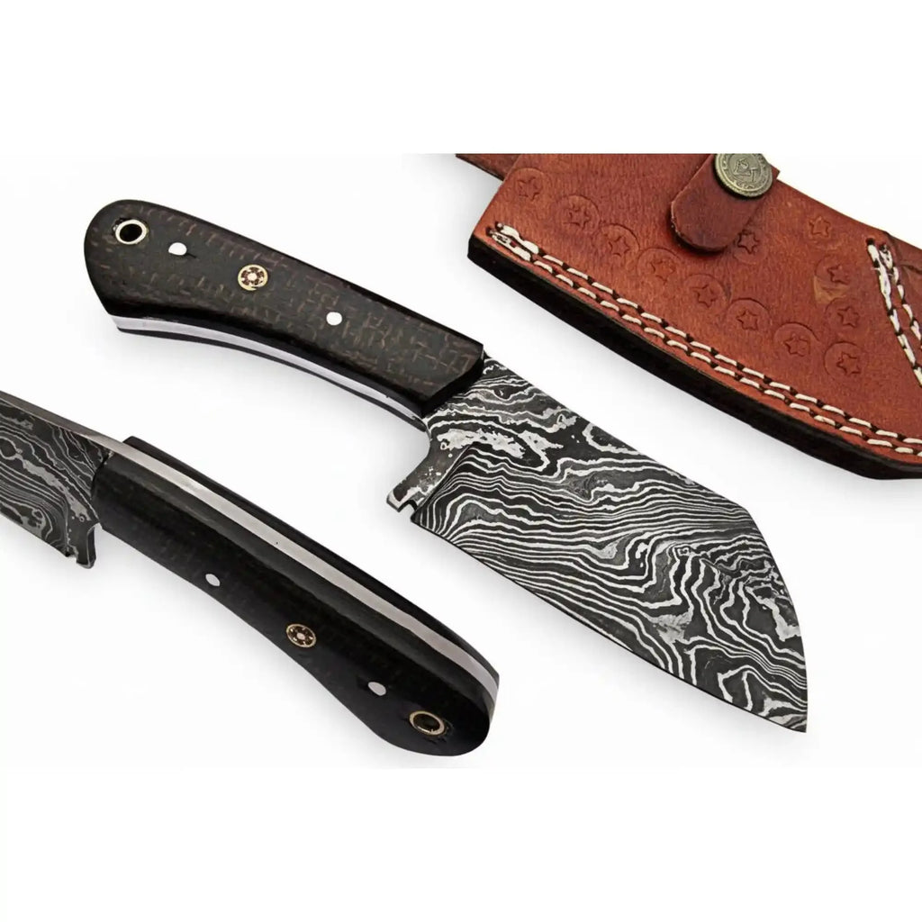 Hand Forged Damascus Skinning Knife with Black Micarta Handle, Hunting Knife with Leather Sheath