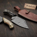 Hand Forged Damascus Skinning Knife with Ram Horn Handle Full Tang Hunting Knife with Leather Sheath